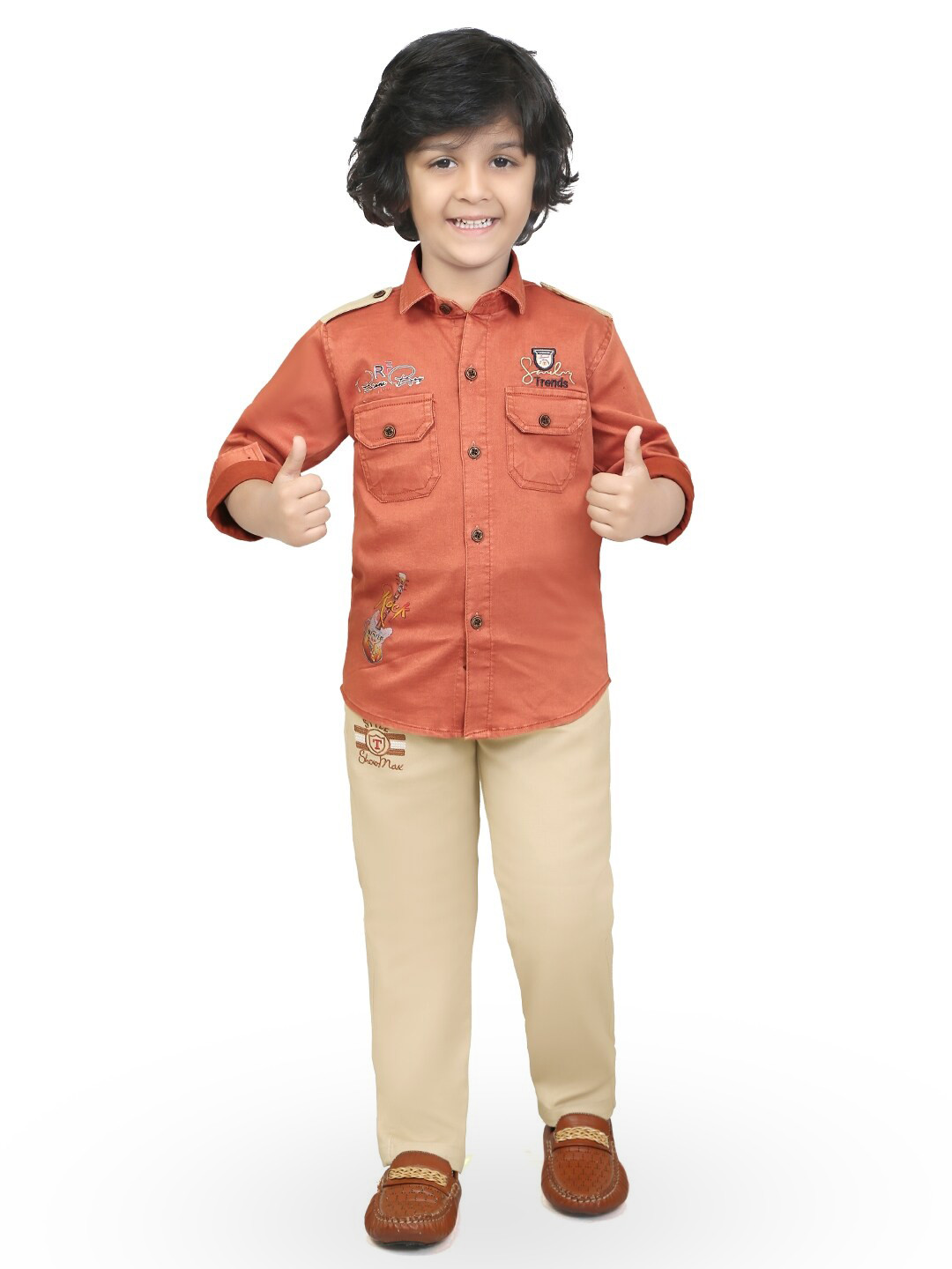 

TS TRENDS Boys Typography Printed Pure Cotton Shirt With Trousers, Rust