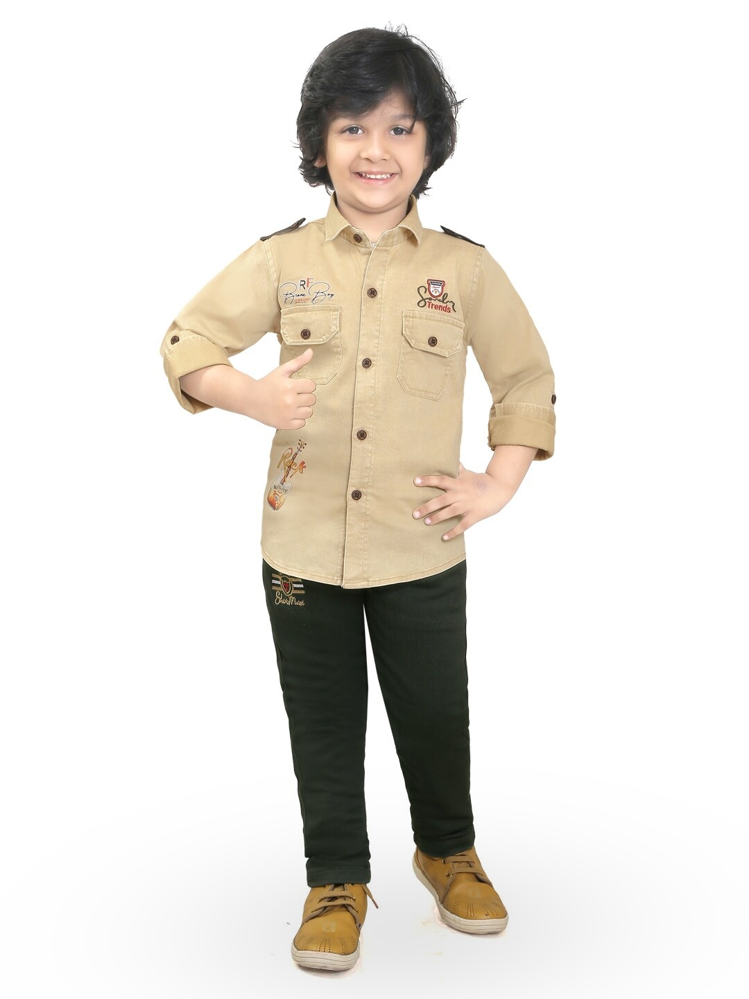 

TS TRENDS Boys Typography Printed Pure Cotton Shirt With Trousers, Cream