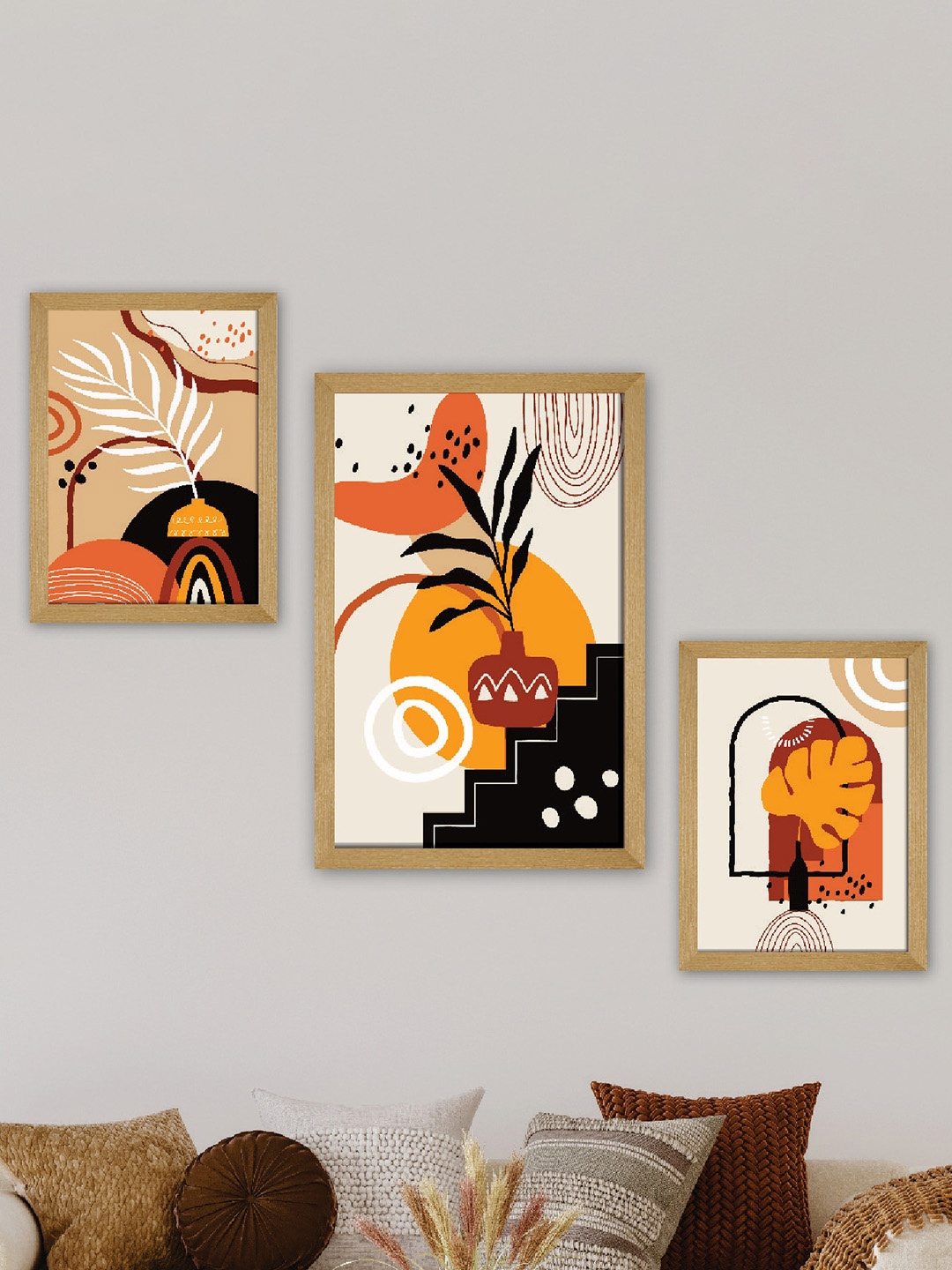

SAF White & Orange 3 Pieces Modern Painting Wall Arts