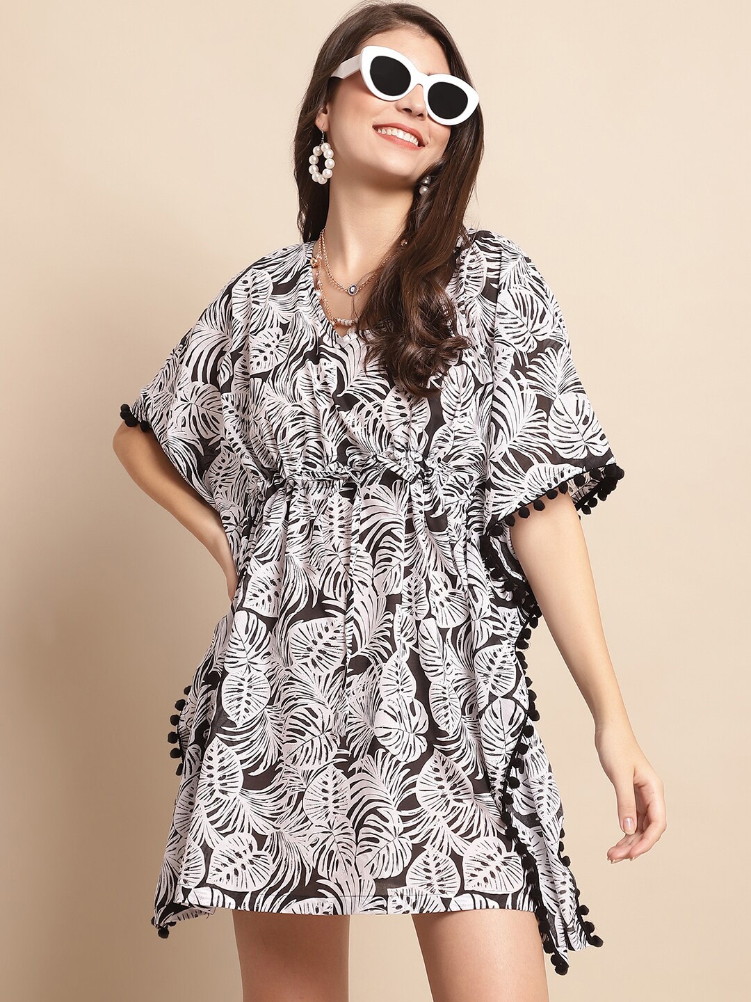 

Claura Tropical Printed Kaftan Swimwear Cover up Top, Black