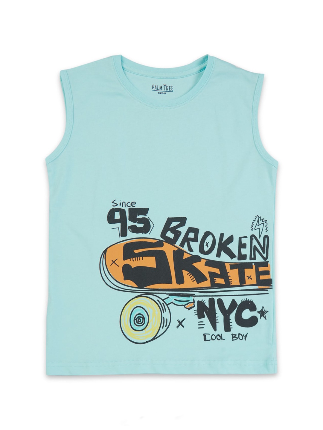 

Palm Tree Infant Boys Typography Printed Pure Cotton T-shirt, Turquoise blue