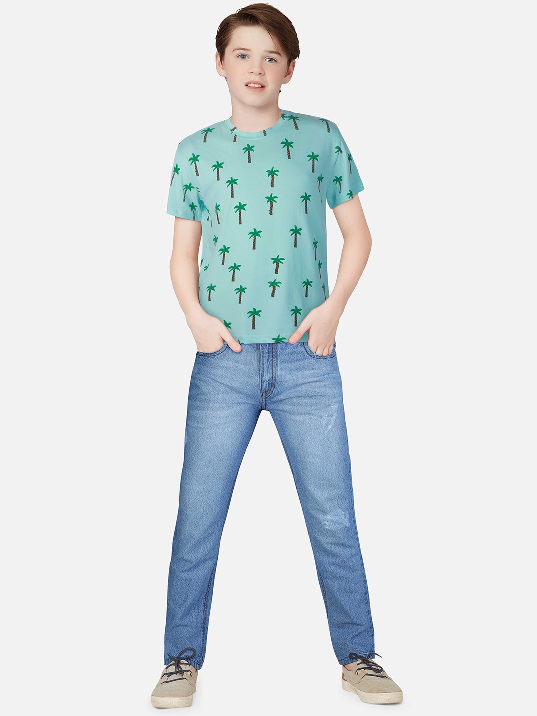 

Palm Tree Boys Printed Regular Fit Cotton T-shirt, Turquoise blue