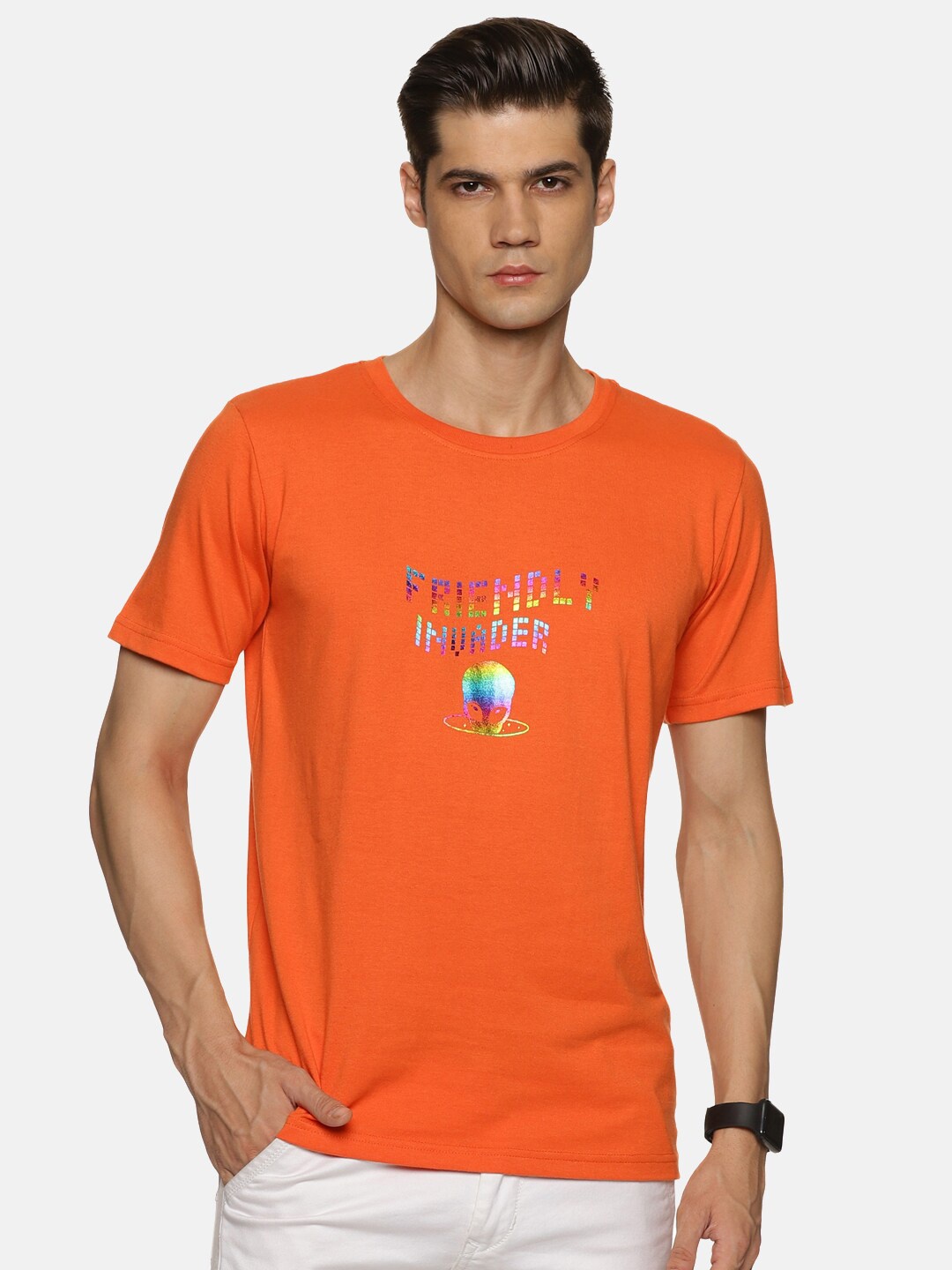 

IMPACKT Typography Printed Slim Fit Pure Cotton T-shirt, Orange
