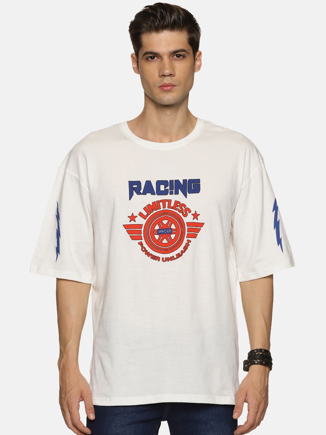 

IMPACKT Typography Printed Oversized Pure Cotton T-shirt, White