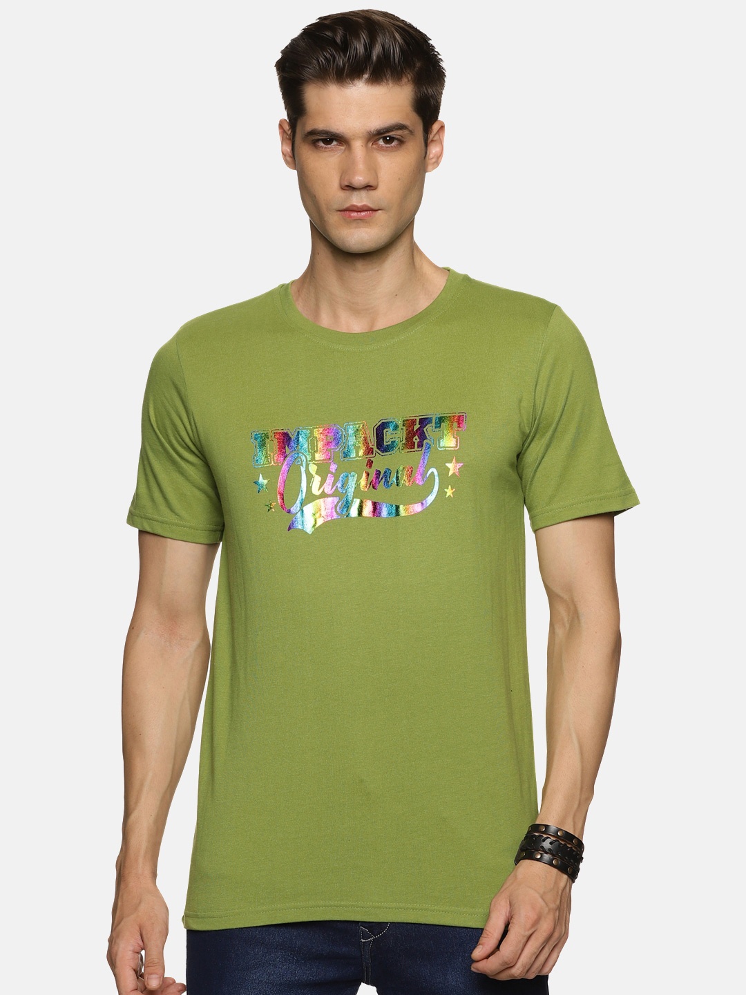

IMPACKT Typography Printed Slim Fit Pure Cotton T-shirt, Green