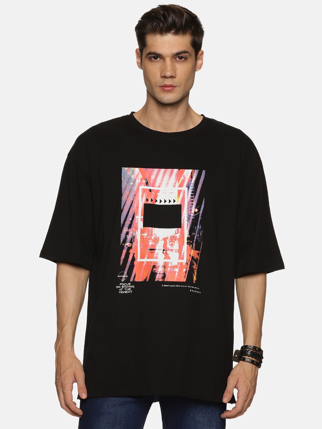 IMPACKT Typography Printed Oversized Pure Cotton T-shirt, Black