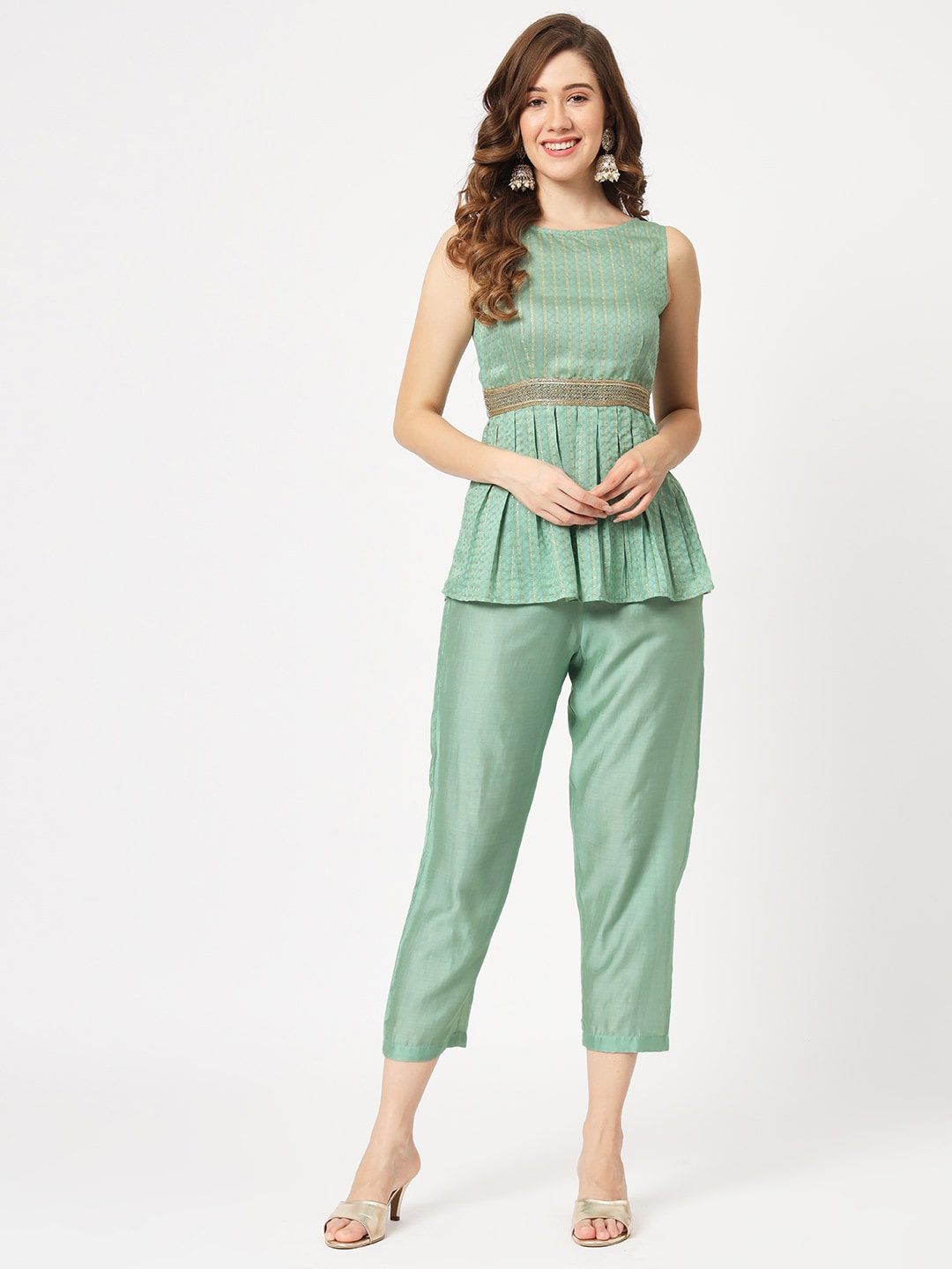 

Pannkh Self Design Tunic With Trousers, Green