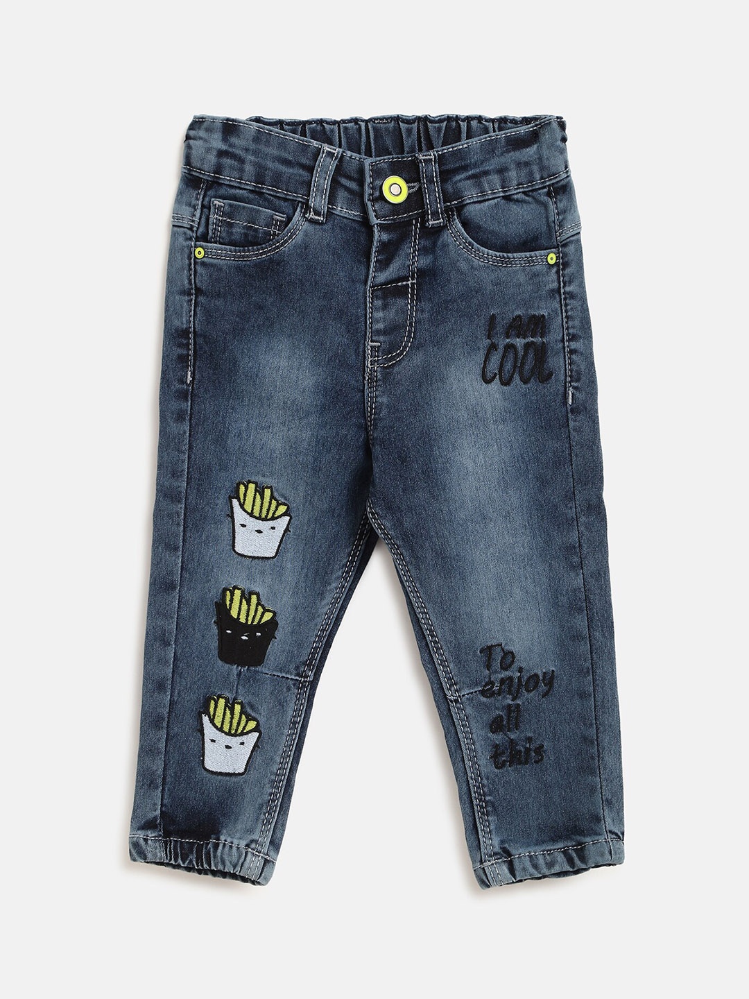 

R&B Infant Boys Mid-Rise Heavy Fade Jogger Fit Jeans With Applique Work, Blue