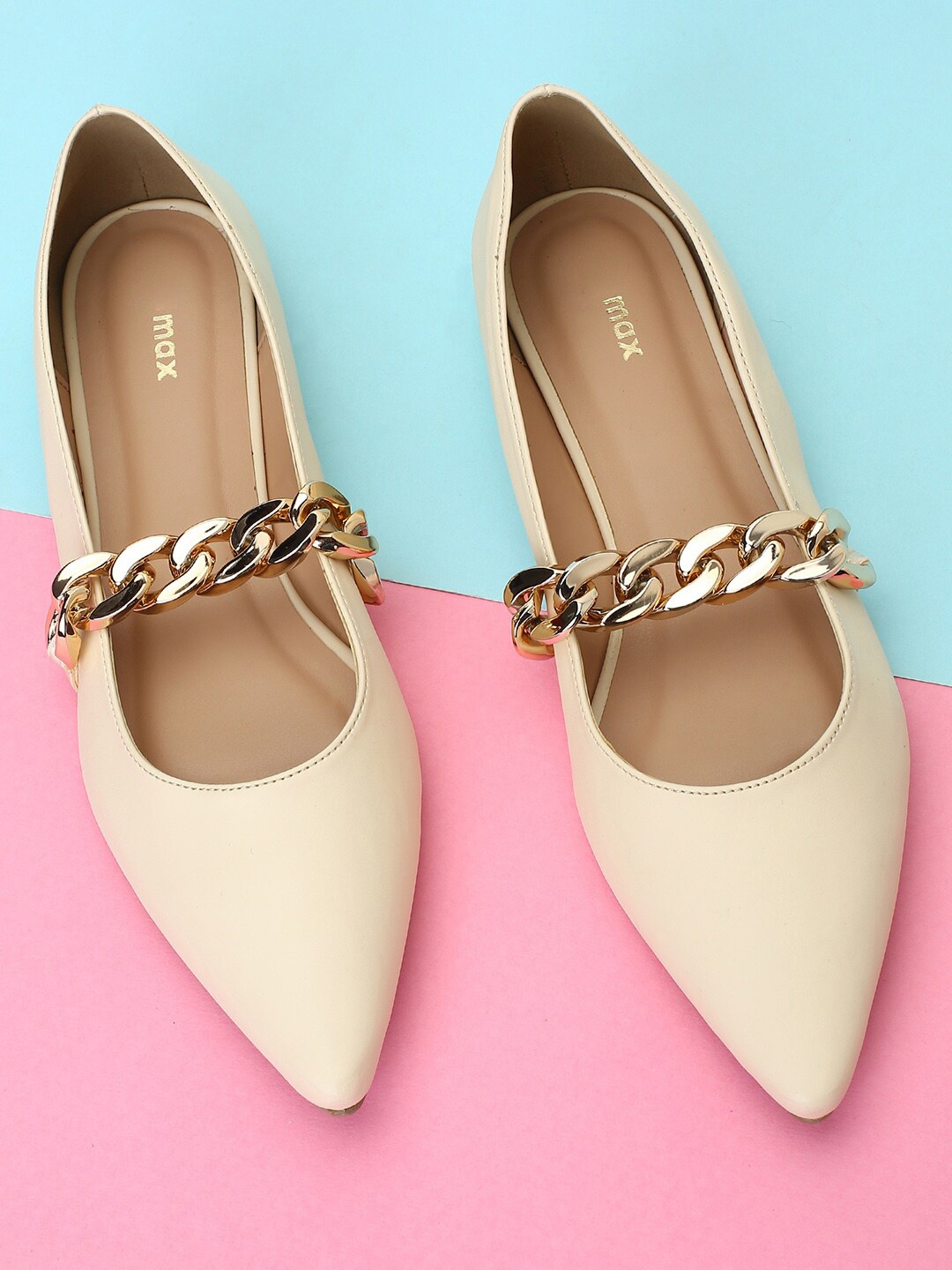 

max Embellished Pointed Toe Ballerinas, Beige