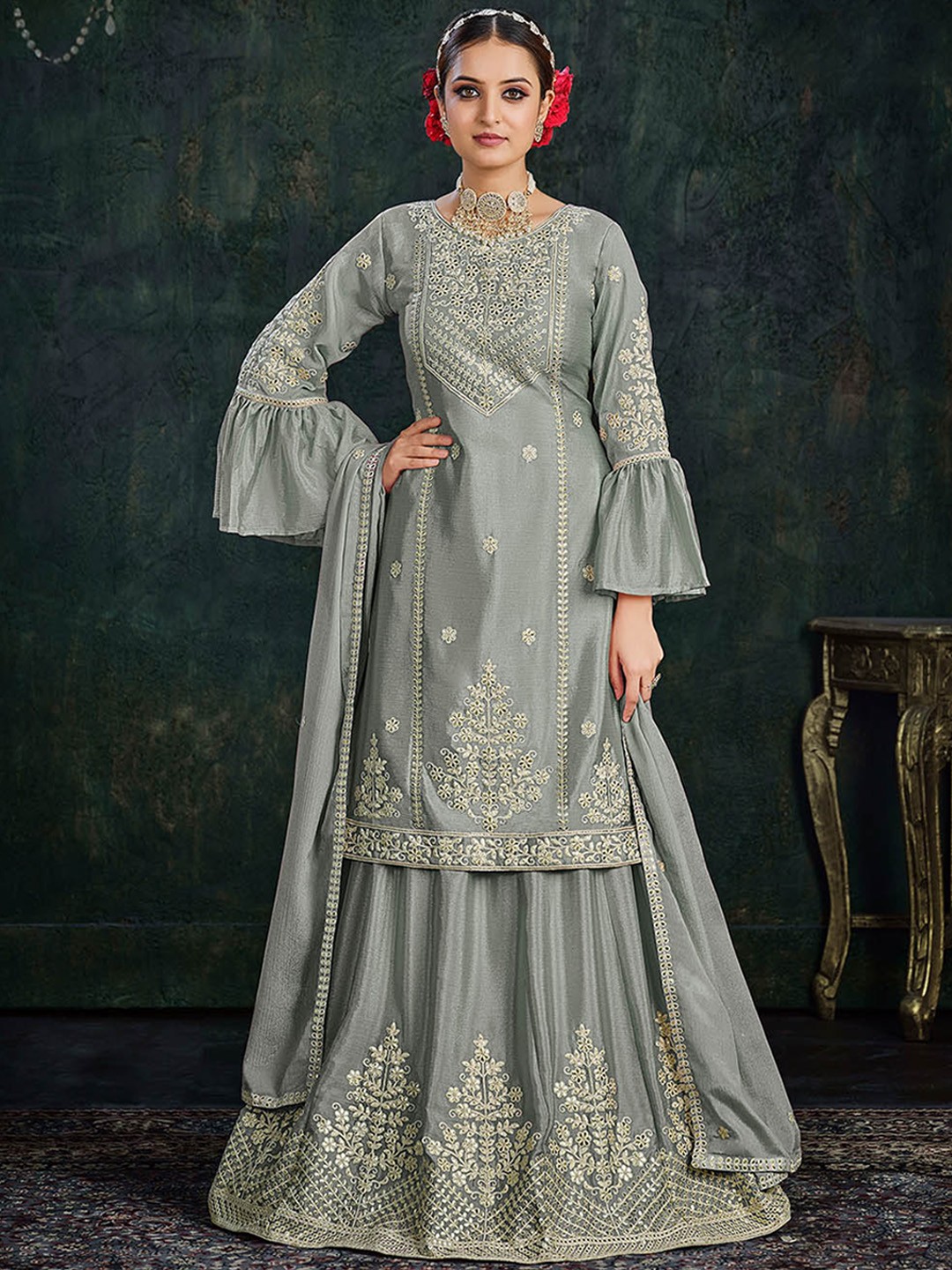 

ODETTE Ethnic Motifs Embroidered Regular Kurta with Skirt & With Dupatta, Grey