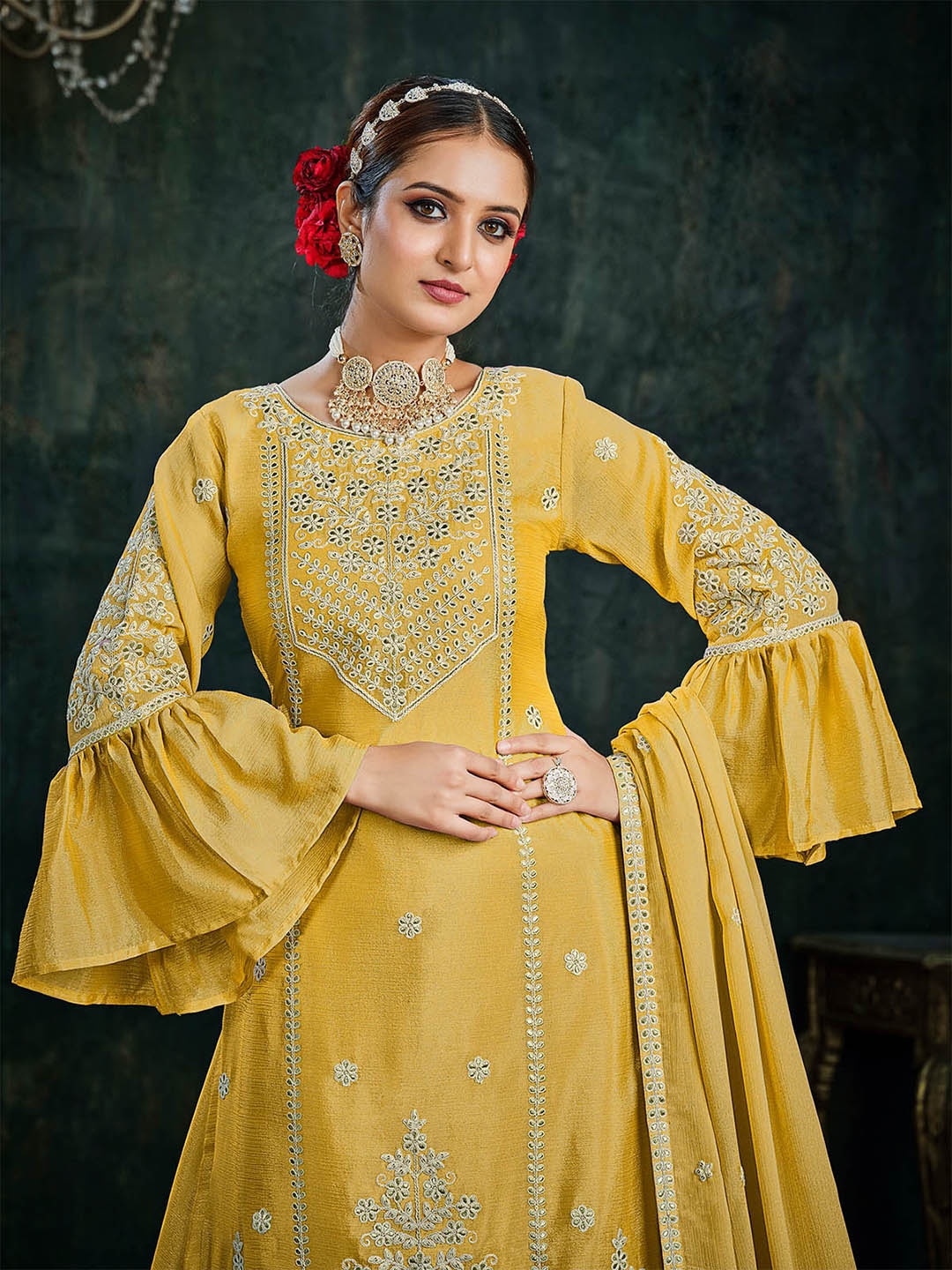 

ODETTE Ethnic Motifs Embroidered Regular Kurta with Skirt & With Dupatta, Yellow