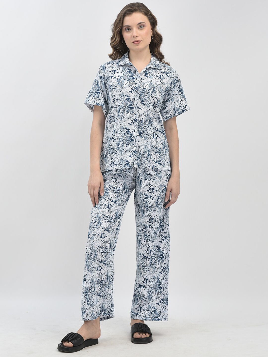 

FNOCKS Tropical Printed Pure Cotton Shirt with Pyjamas, Blue