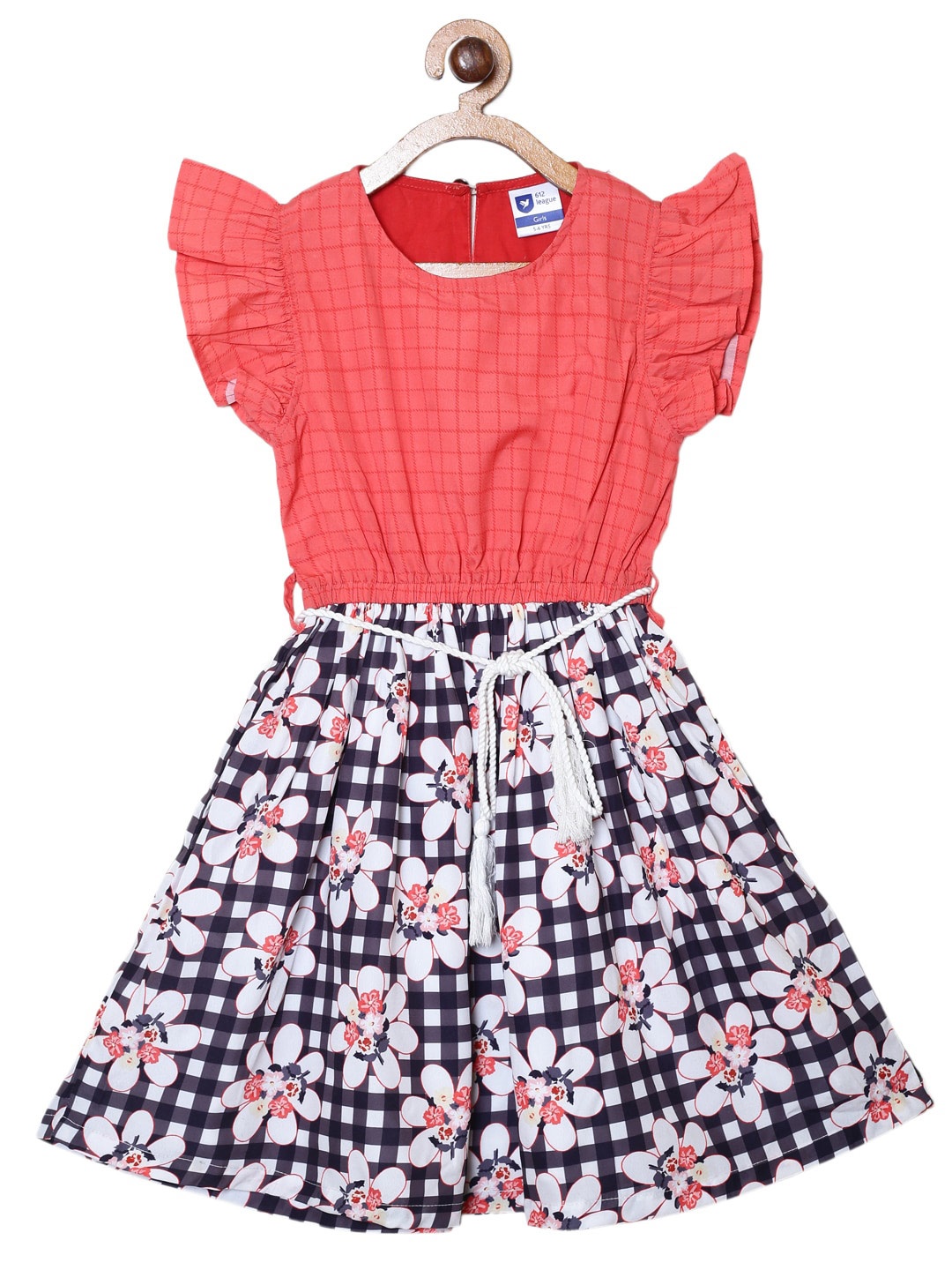 

612League Girls Checked Floral Printed Flutter Sleeves Cotton Fit & Flare Dress With Belt, Orange