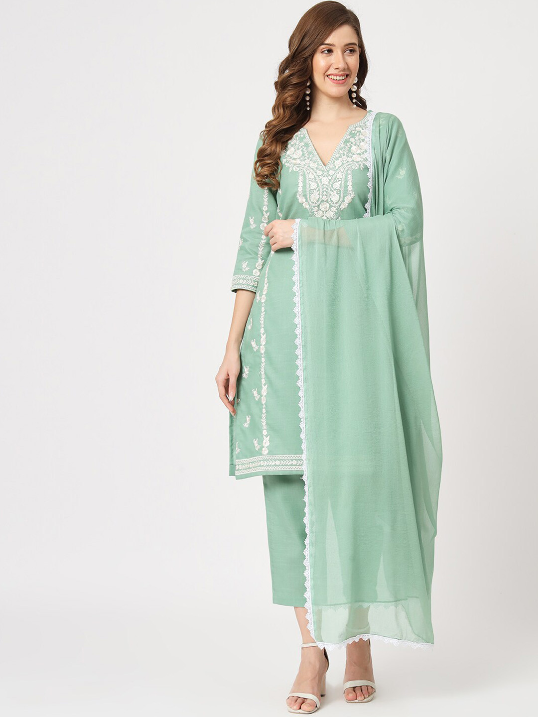 

Pannkh Ethnic Motifs Embroidered Thread Work Kurta With Trousers & With Dupatta, Green