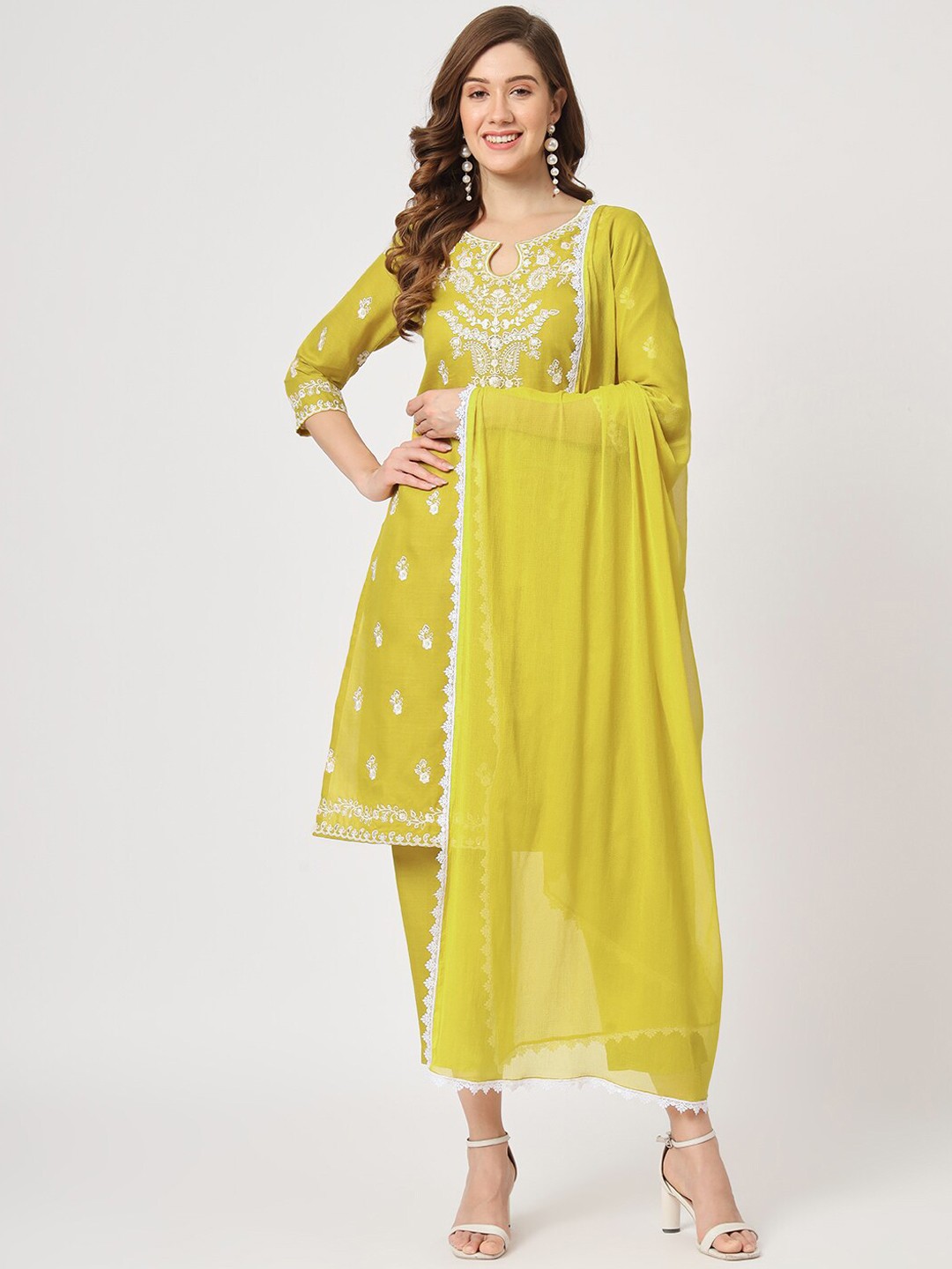 

Pannkh Ethnic Motifs Embroidered Thread Work Kurta With Trousers & With Dupatta, Yellow