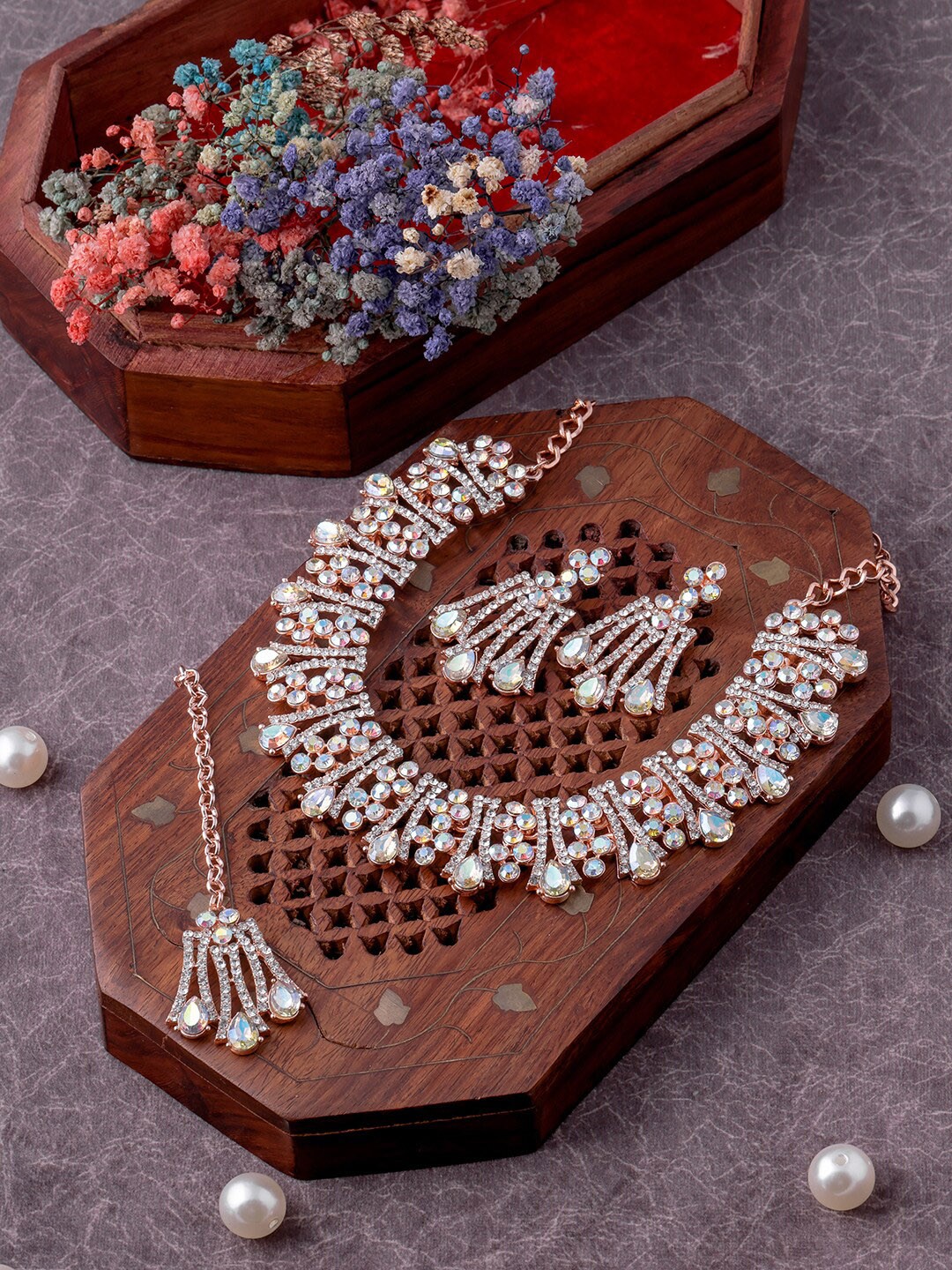 

VATSALYA creation Rose Gold-Plated Stone-Studded Necklace & Earrings