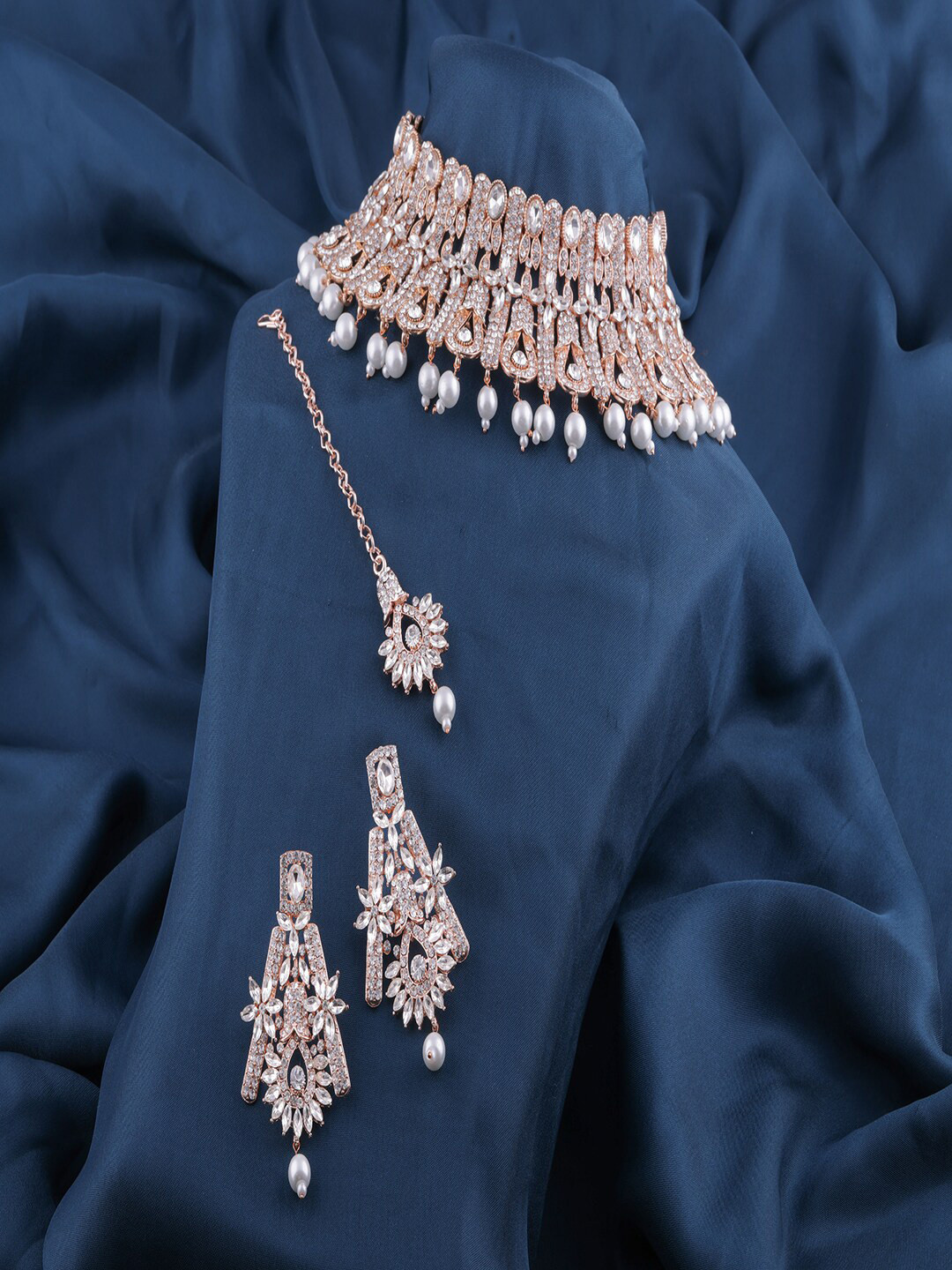 

VATSALYA creation Rose Gold-Plated Stone-Studded & Beaded Necklace & Earrings