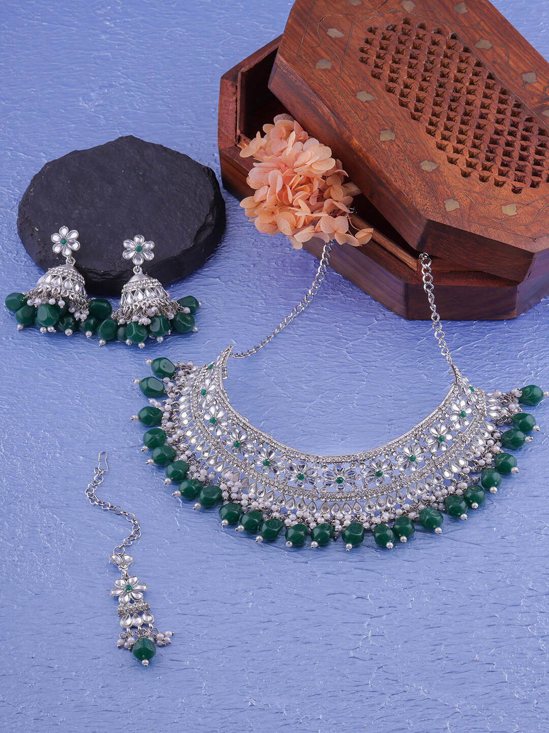 

VATSALYA creation Rhodium-Plated Alloy Stone-Studded & Beaded Necklace & Earrings, Silver