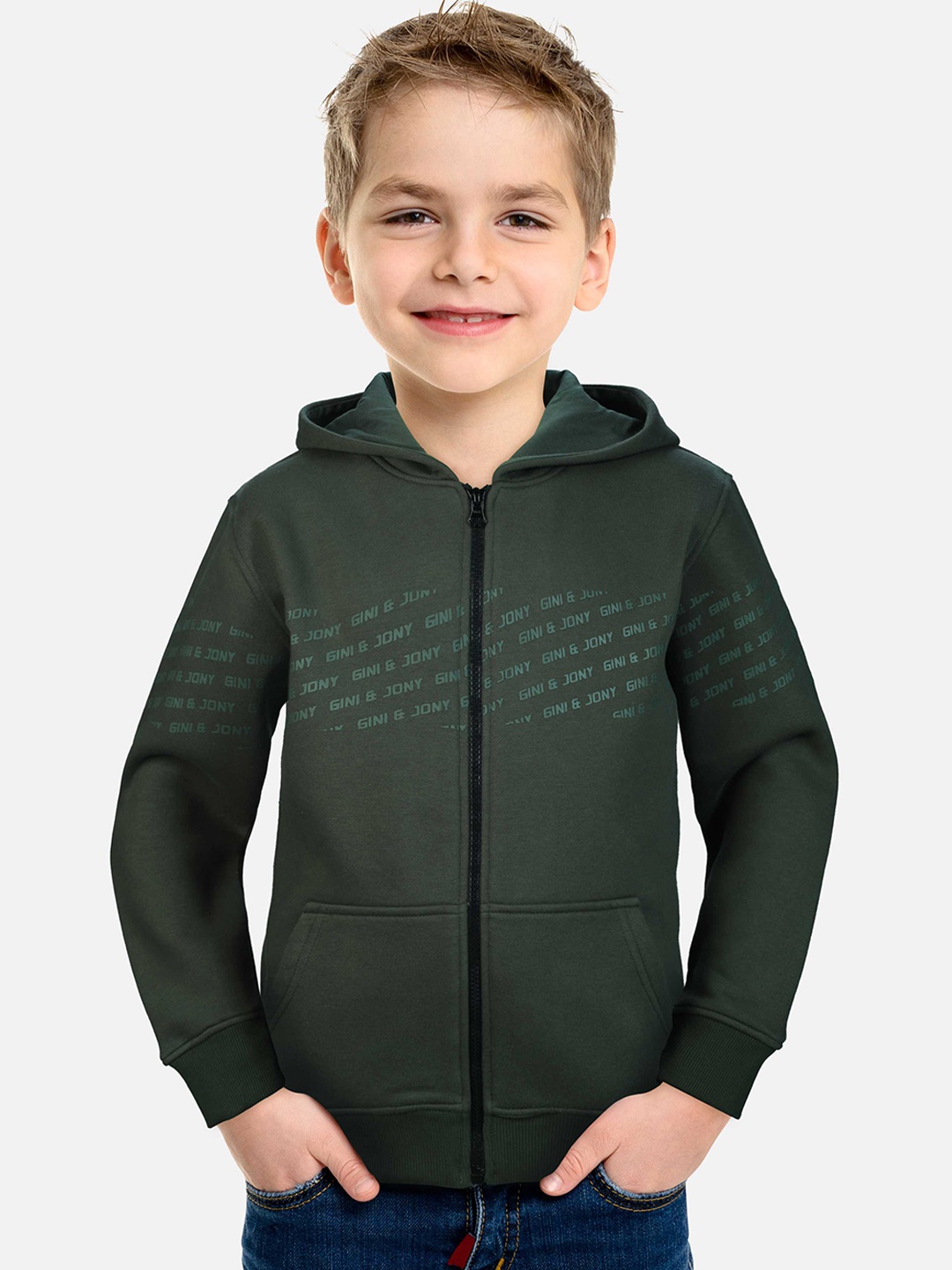 

Gini and Jony Boys Front-Open Hooded Fleece Swetshirt, Green