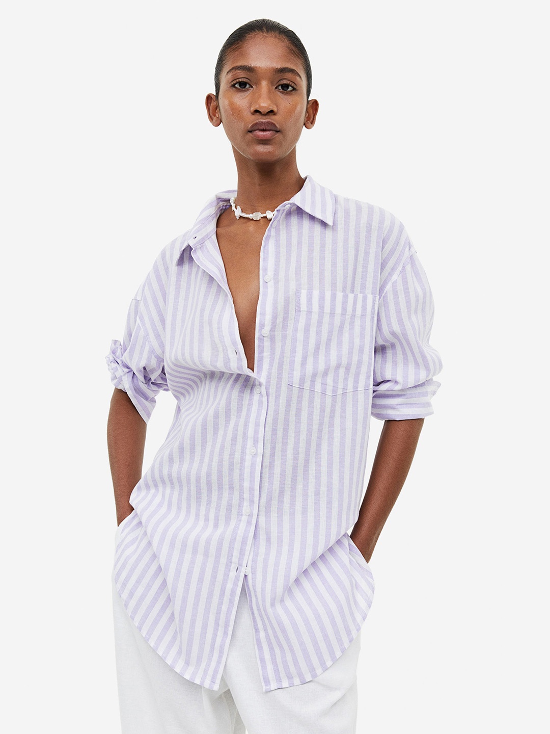 

H&M Women Linen-Blend Shirt, Purple