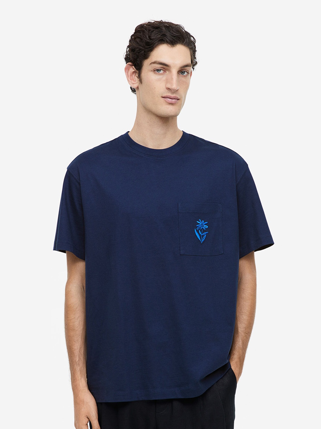 

H&M Men Relaxed Fit Embroidery-Detail Pure Cotton T-Shirt, Blue