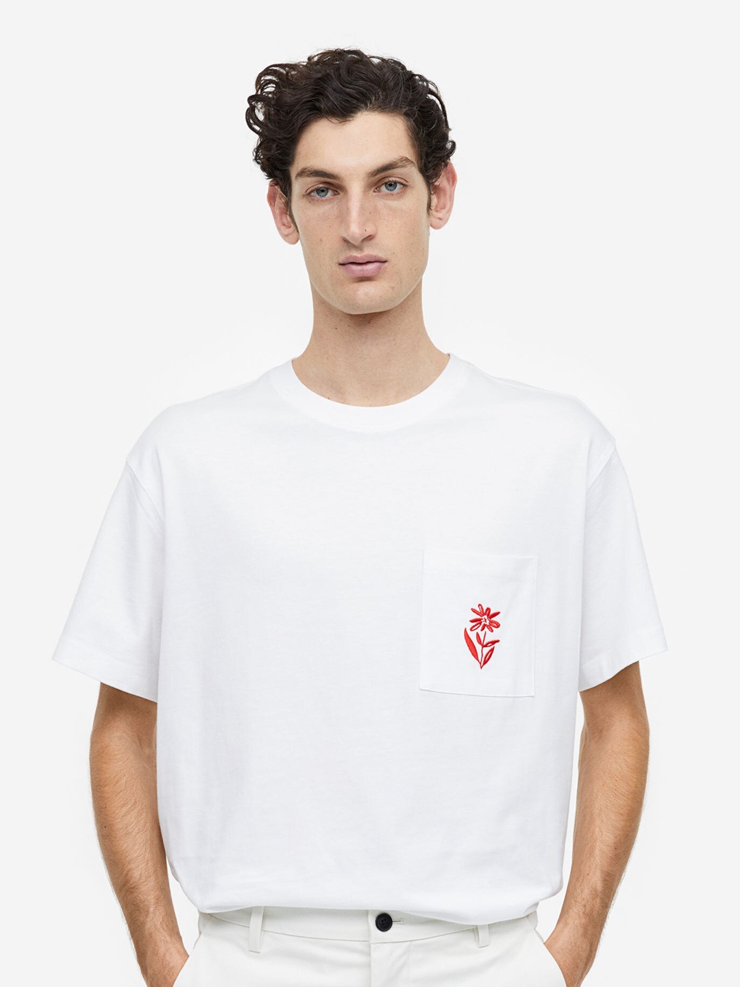 

H&M Men Relaxed Fit Embroidery-Detail Pure Cotton T-Shirt, White