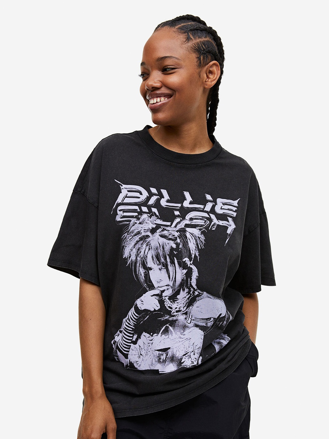

H&M Women Oversized Printed Pure Cotton T-shirt, Black