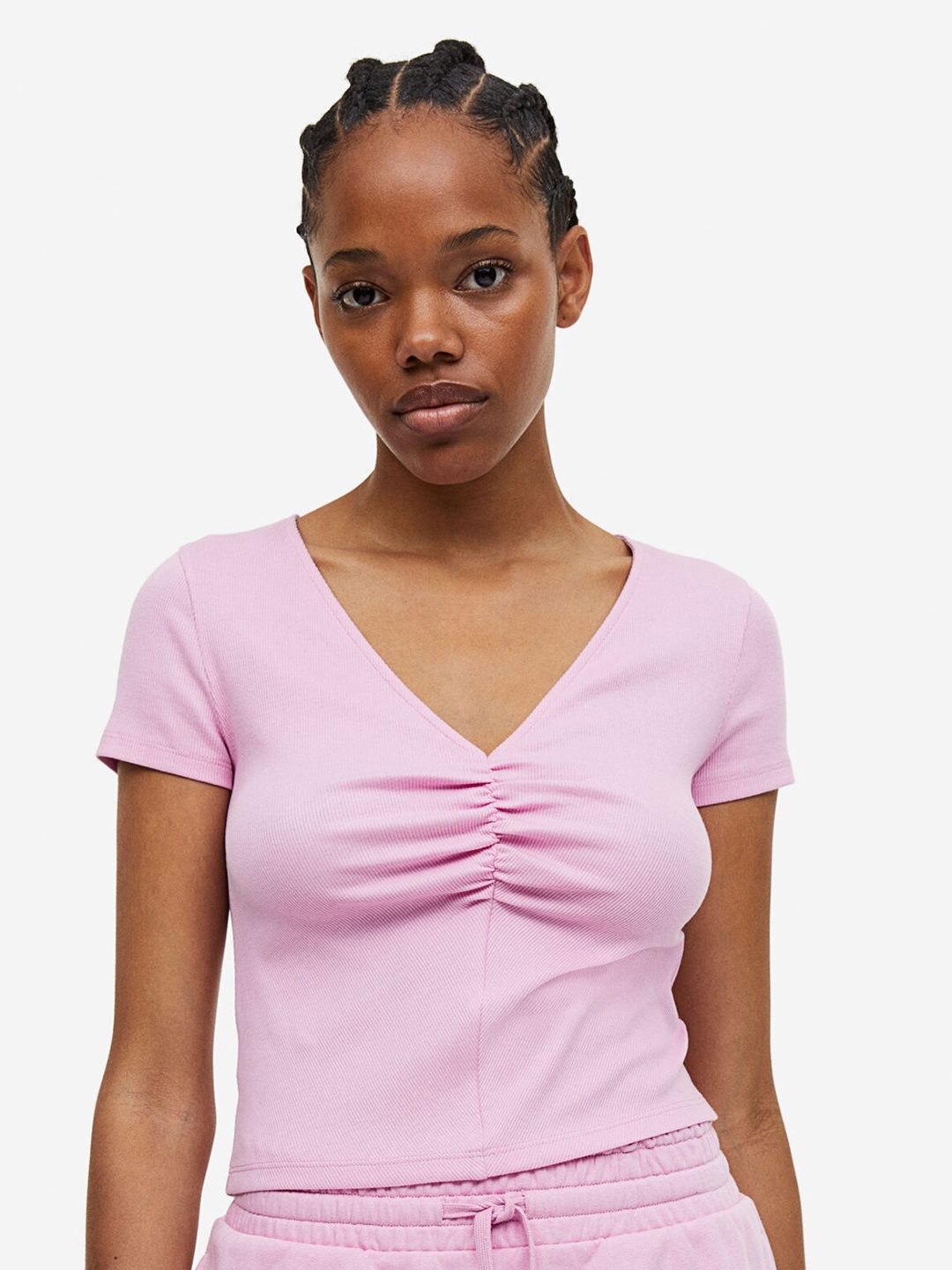 

H&M Ruched Ribbed Top, Pink