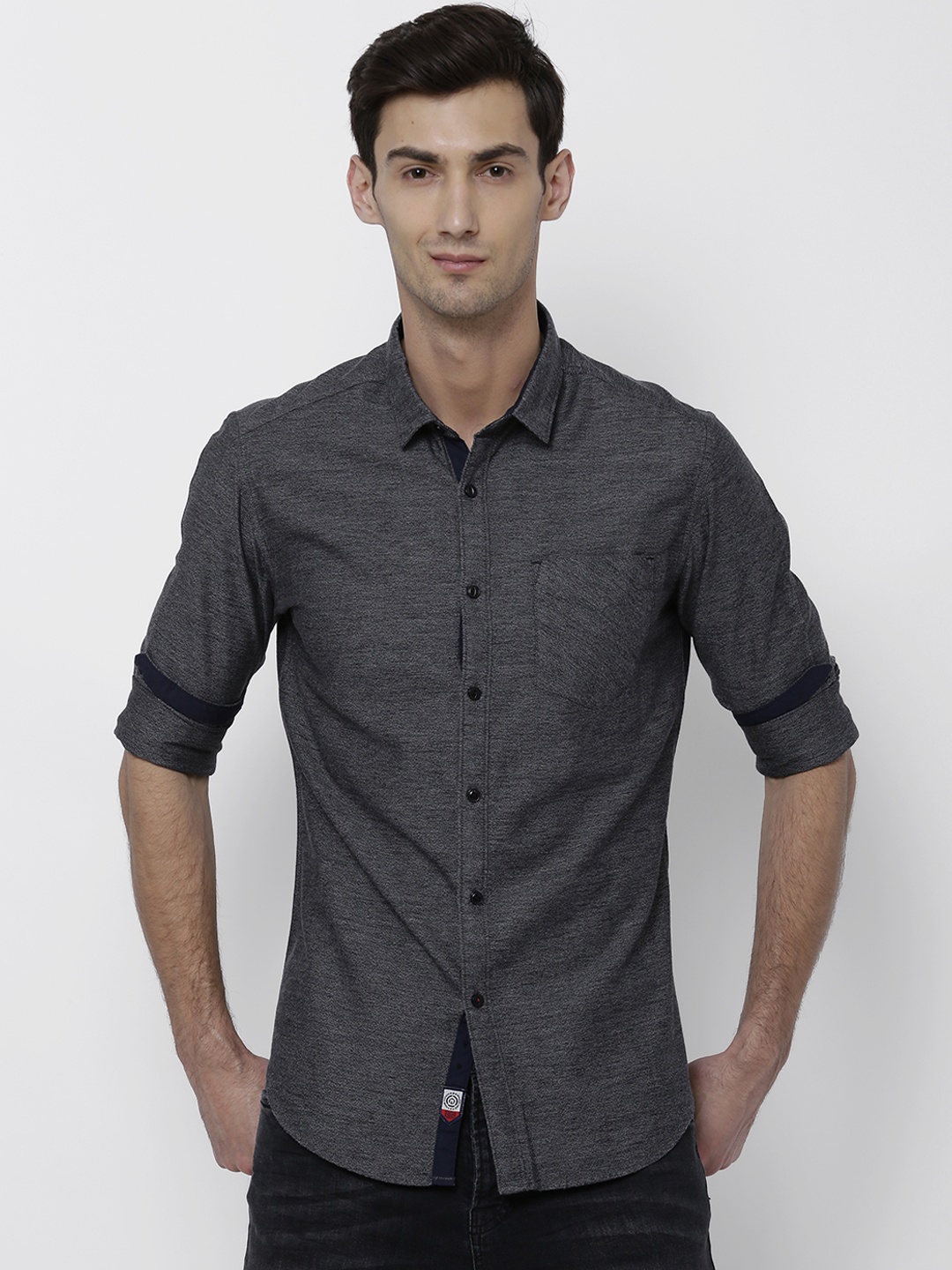 

LOCOMOTIVE Men Charcoal Slim Fit Self Design Casual Shirt
