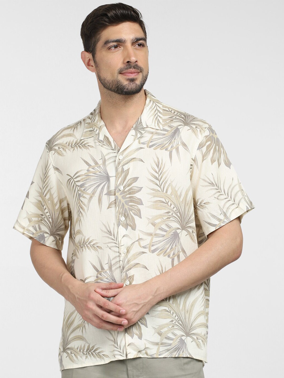 

SELECTED Relaxed Fit Tropical Printed Casual Cotton Shirt, Beige