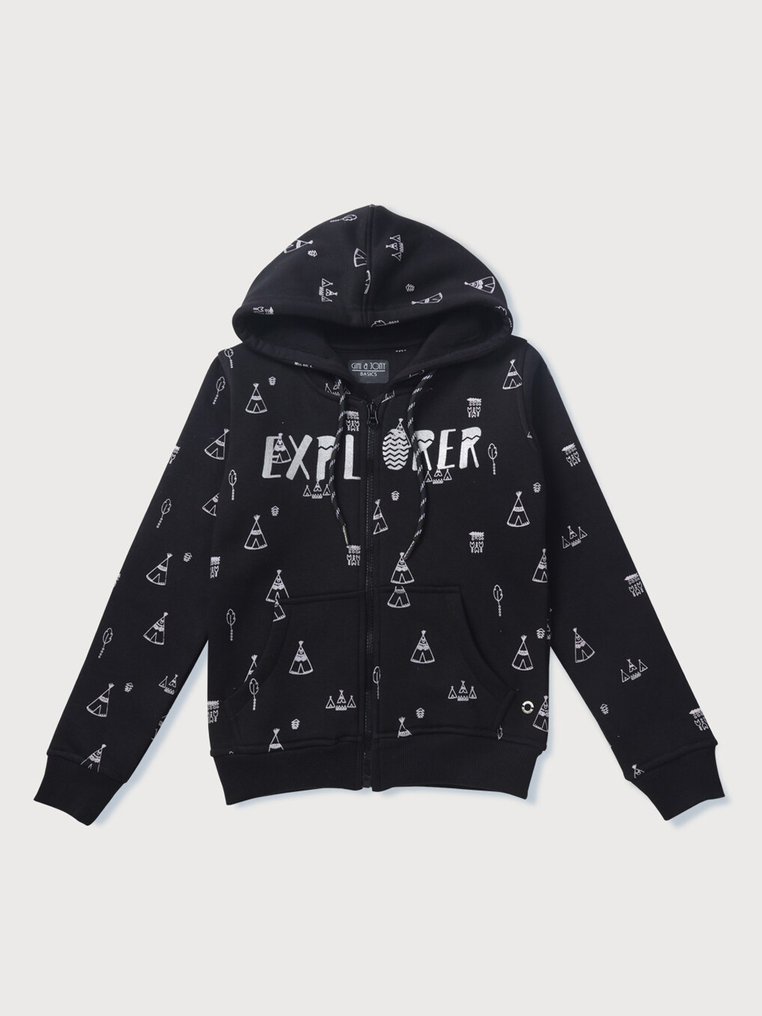 

Gini and Jony Girls Printed Front-Open Hooded Fleece Swetshirt, Black