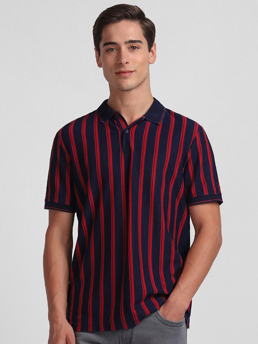

Allen Solly Sport Striped Polo Collar Pure Cotton Casual T Shirt, Navy blue