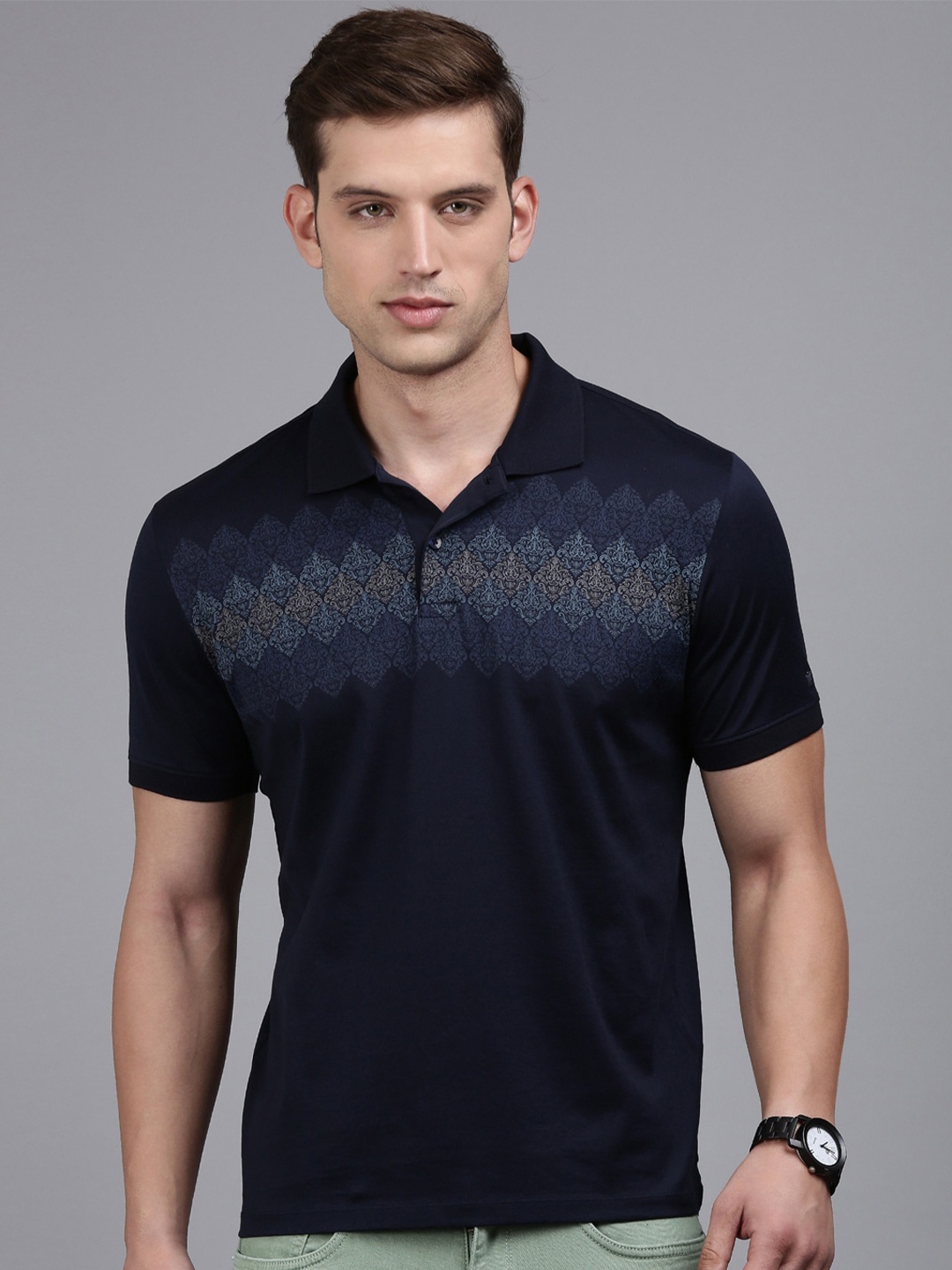 

Louis Philippe Sport Abstract Printed Polo Collar Pure Cotton T-Shirt, Navy blue