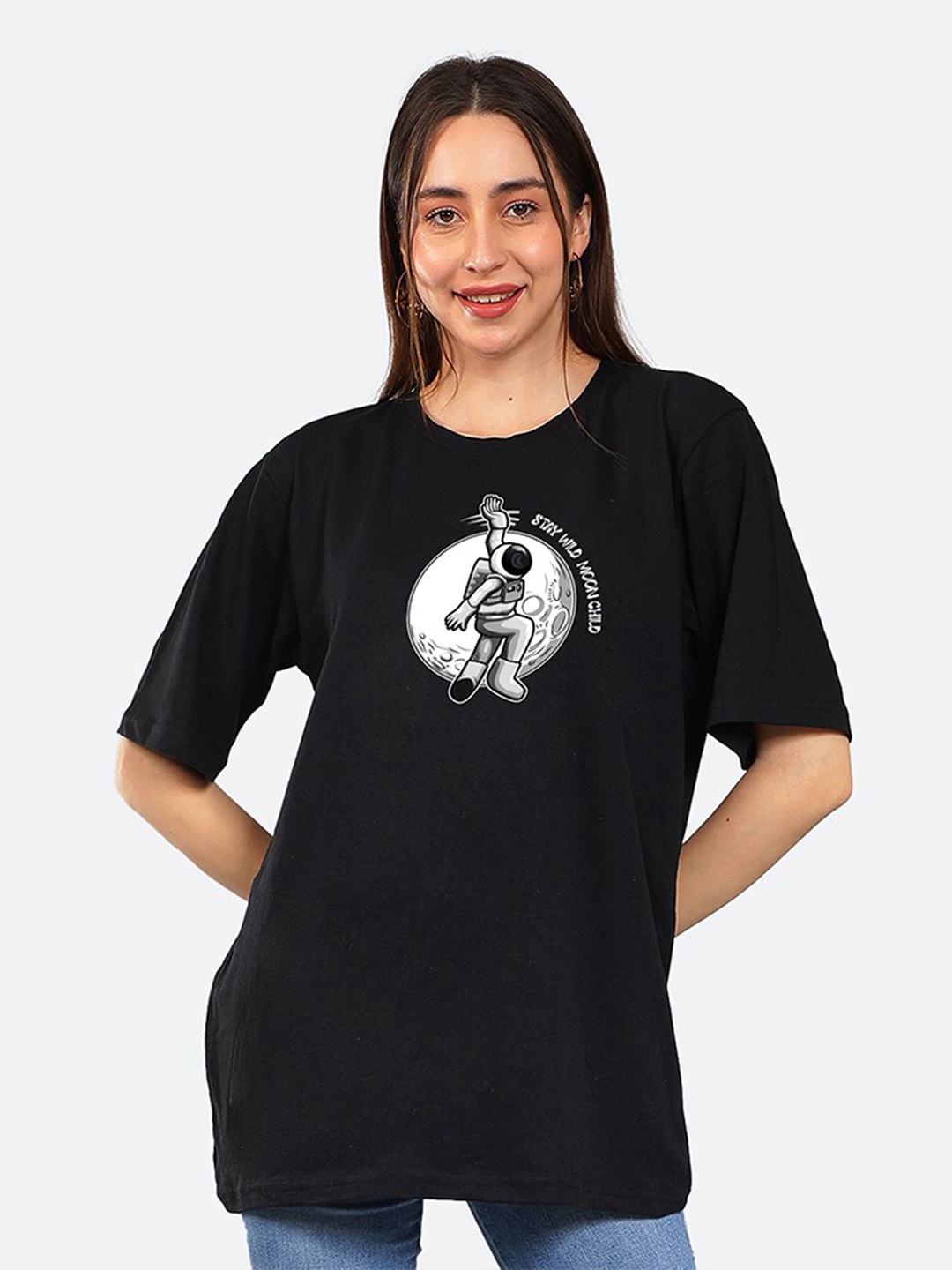 

Mad Over Print Graphic Printed Drop-Shoulder Sleeves Cotton T-Shirt, Black