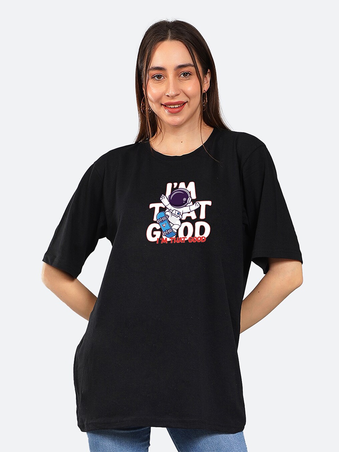

Mad Over Print Typography Printed Drop-Shoulder Cotton T-Shirt, Black