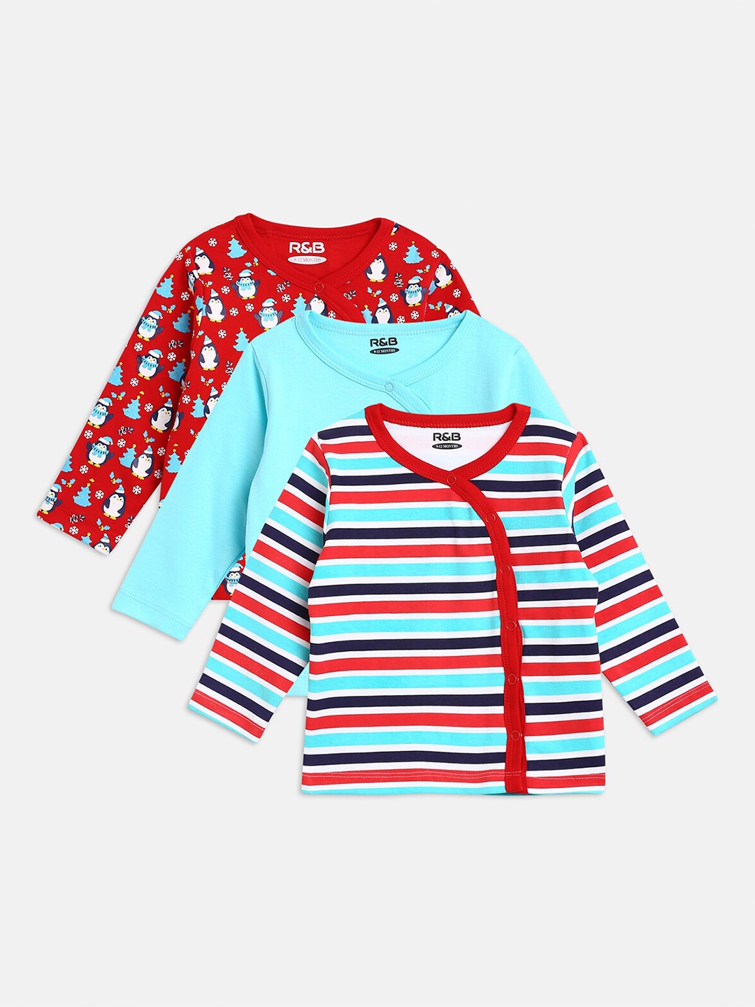 

R&B Infant Boys Pack Of 3 Henley Neck Long Sleeves Cotton T-shirts, Red