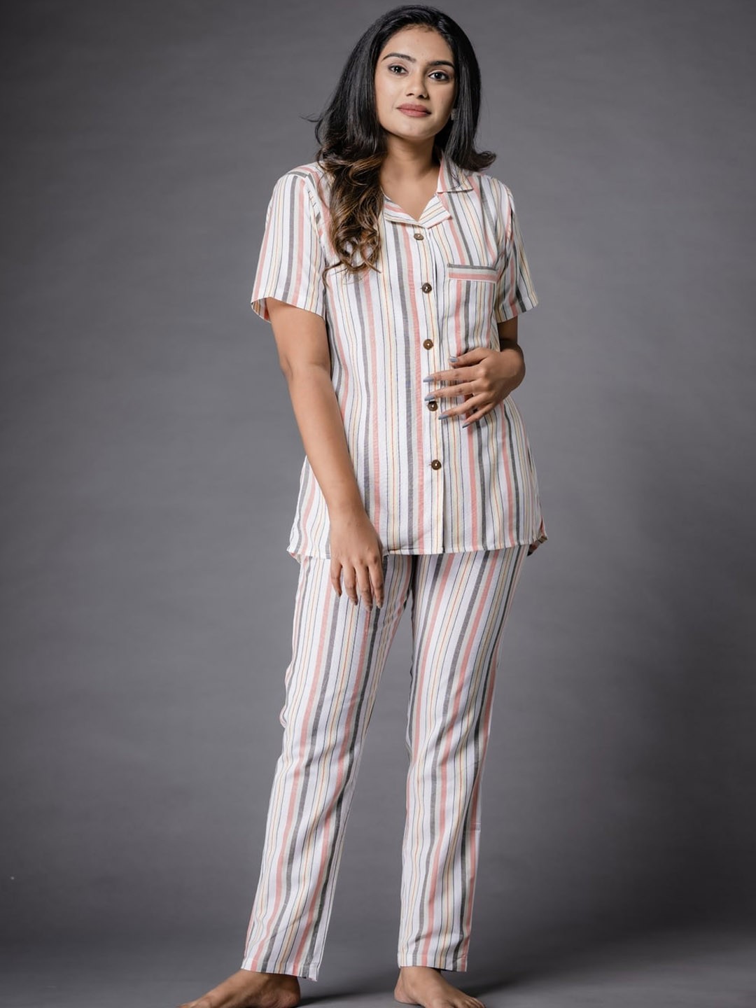 

Vismay Striped Pure Cotton Shirt With Lounge Pants, White