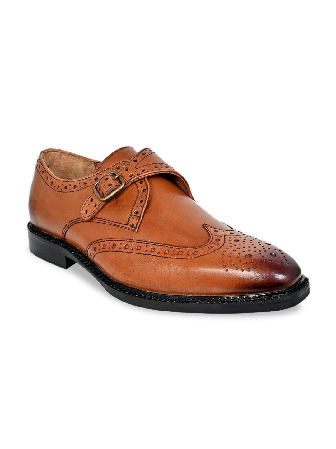 

HX London Men Perforated Monk Strap Formal Brogues, Tan