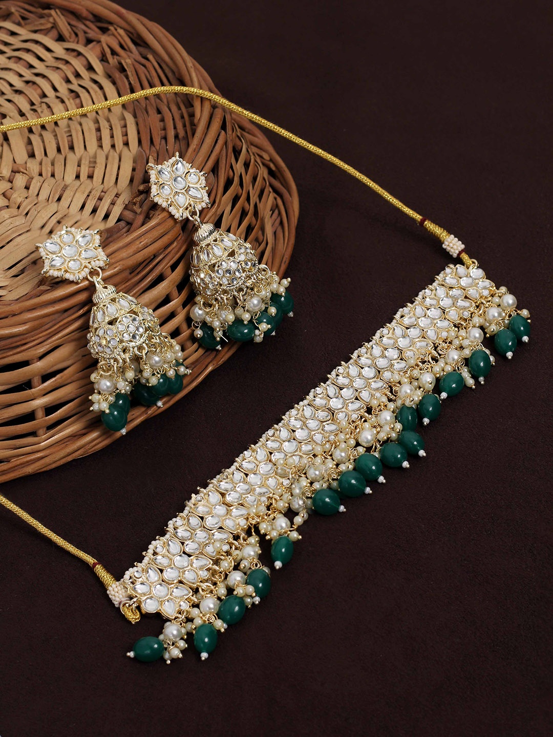 

SAIYONI Gold-Plated Kundan-Studded & Beaded Necklace & Earrings