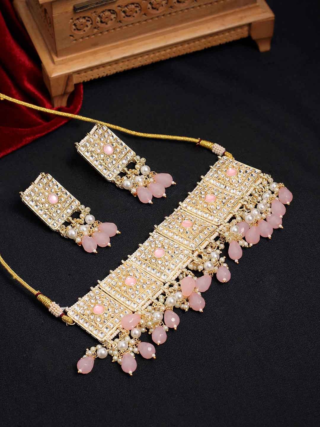 

SAIYONI Gold-Plated Peach & White Kundan-Studded & Beaded Necklace & Earrings