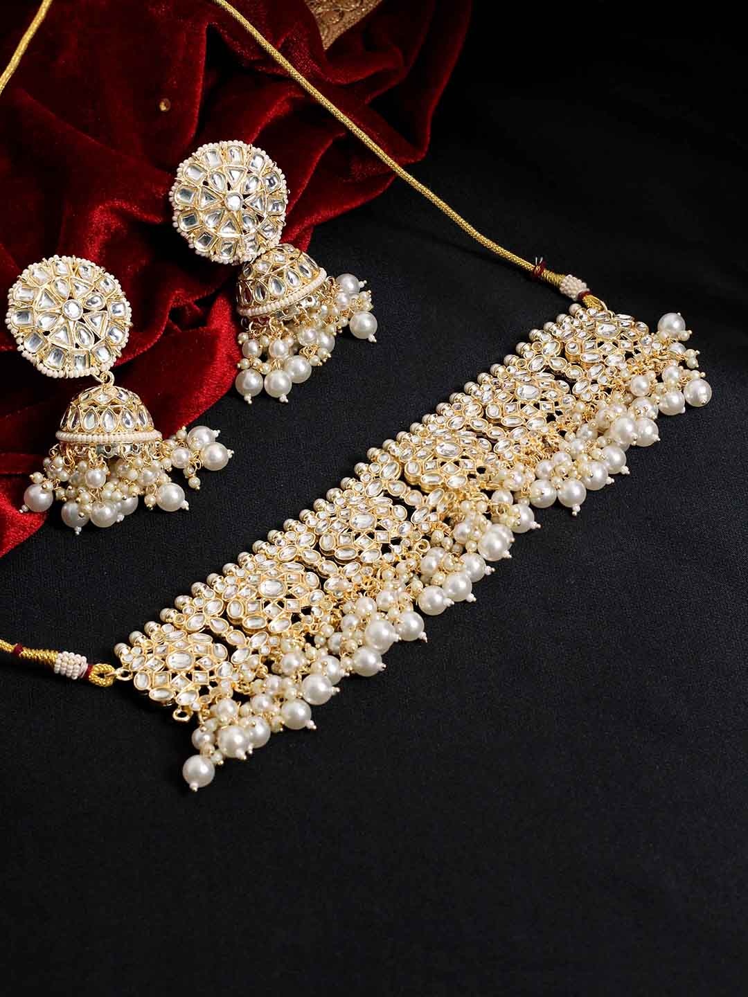 

SAIYONI Gold-Plated Kundan-Studded Beaded Necklace & Earrings Set