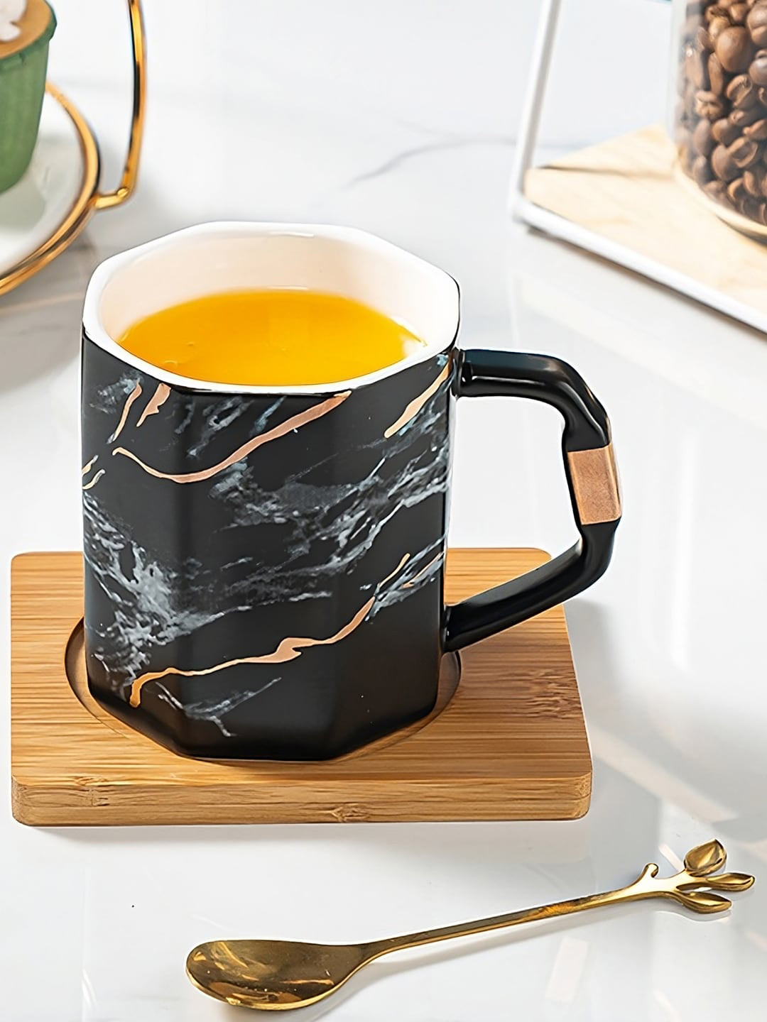 

BonZeaL Black & Gold-Toned Printed Ceramic Coffee Mug With Saucer & Spoon