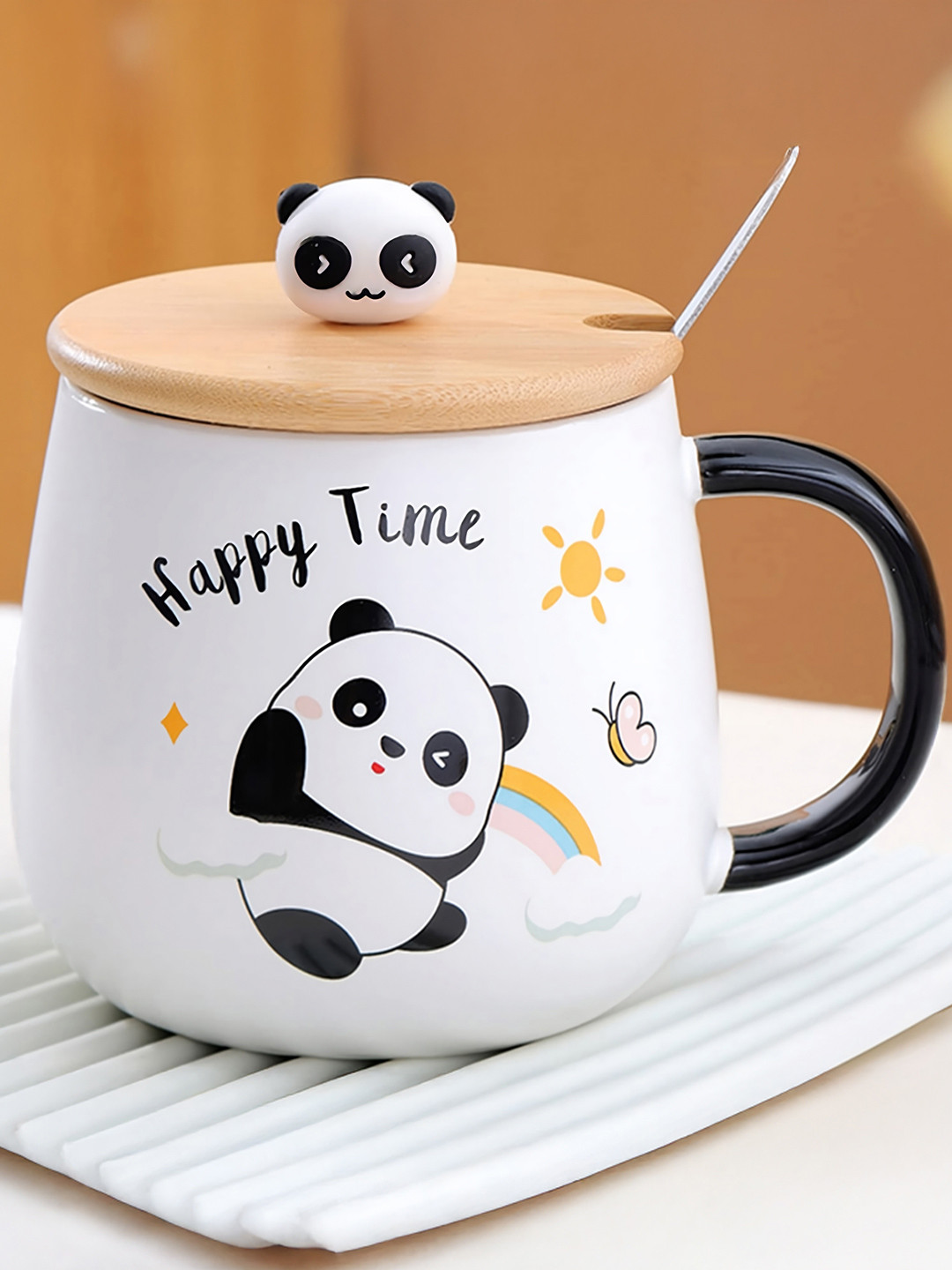 

BonZeaL White Printed Ceramic Glossy Mug With Lid And Spoon 430 ml