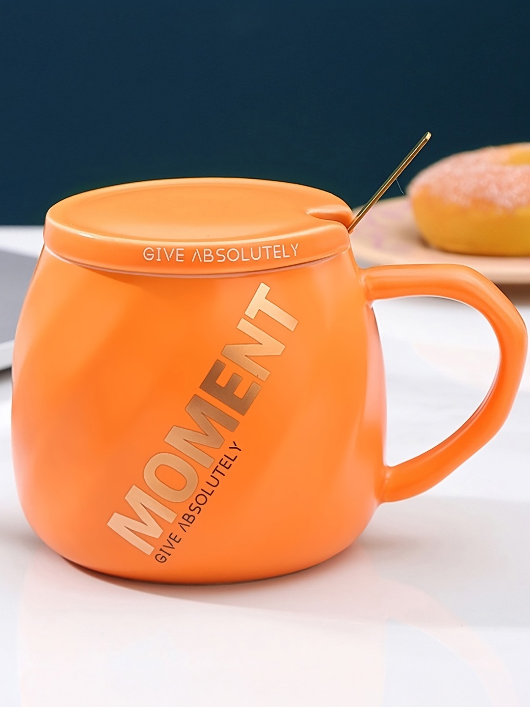 

BonZeaL Orange Printed Ceramic Glossy Coffee Mug With Lid Spoon 430 ml