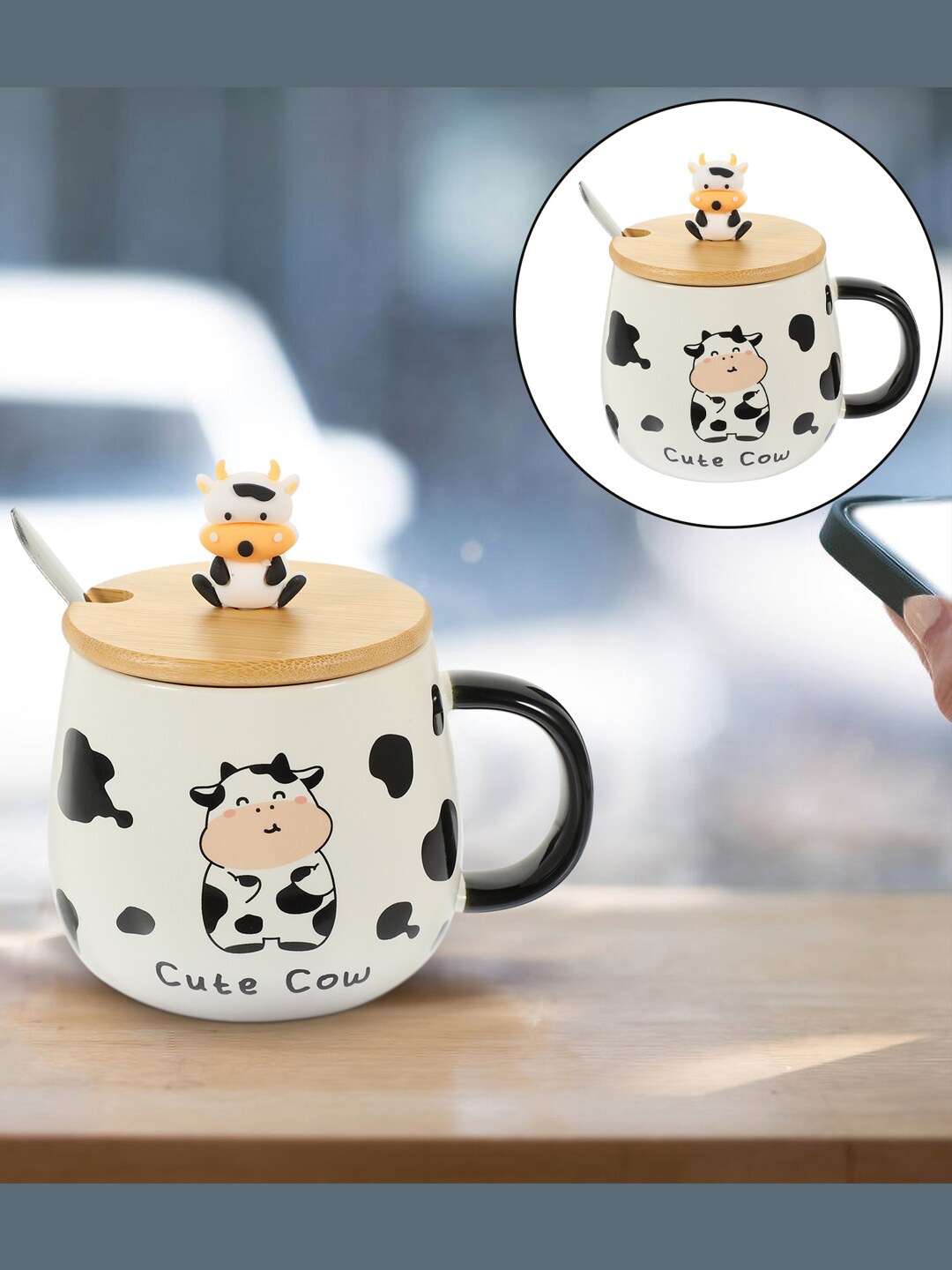 

BonZeaL White Printed Glossy Cute Cow Mug With Lid And Spoon Tea Coffee Cup-480ml
