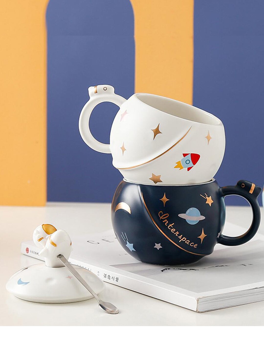 

BonZeaL White & Blue 2 Pieces Printed Ceramic Matte Mugs-450ml
