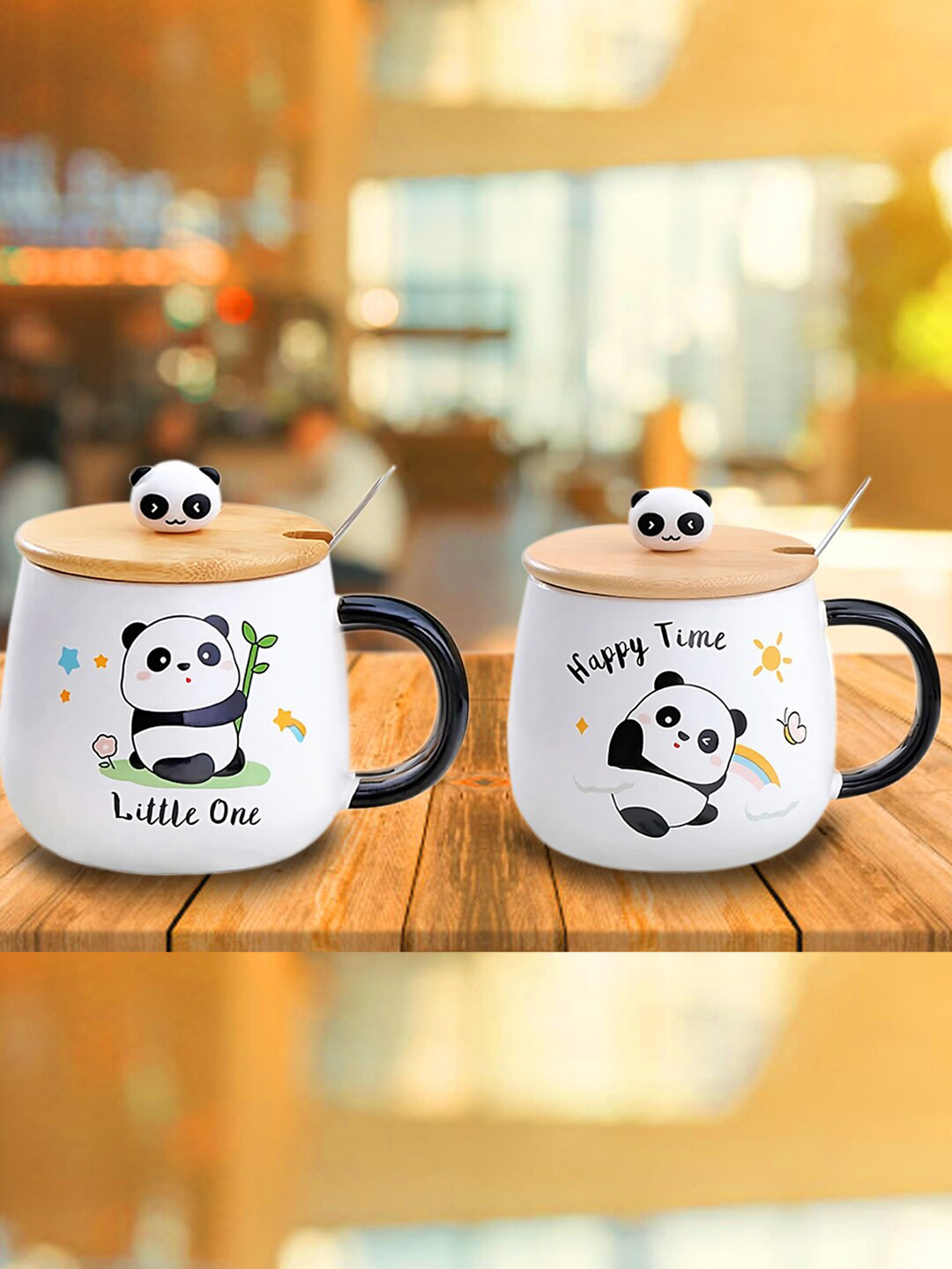 

BonZeaL Black & White 2 Pieces Printed Ceramic Glossy Mug With Lids And Spoons 430 ml