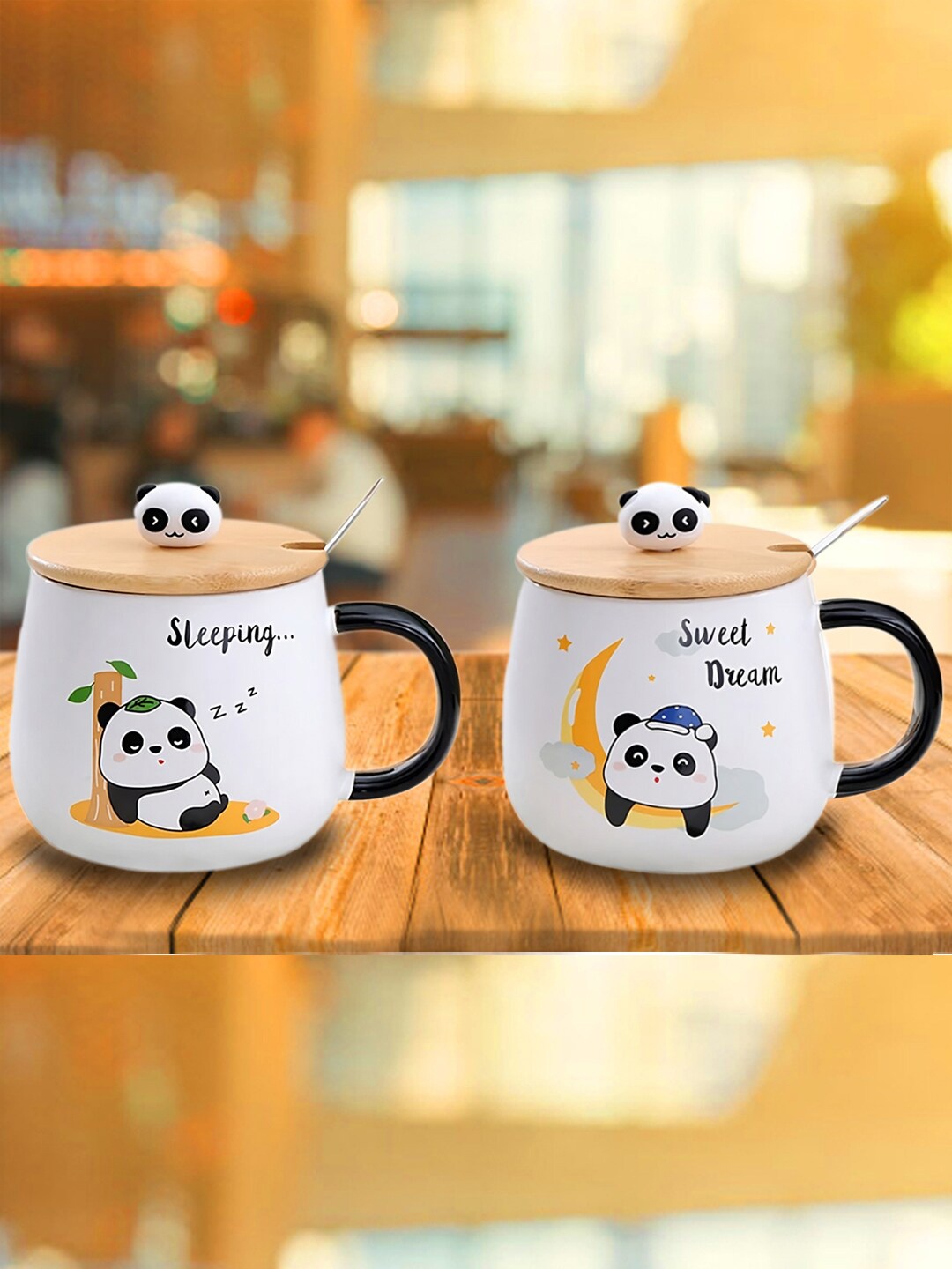 

BonZeaL White 2 Pieces Printed Ceramic Glossy Mug With Lid And Spoon 430 ml