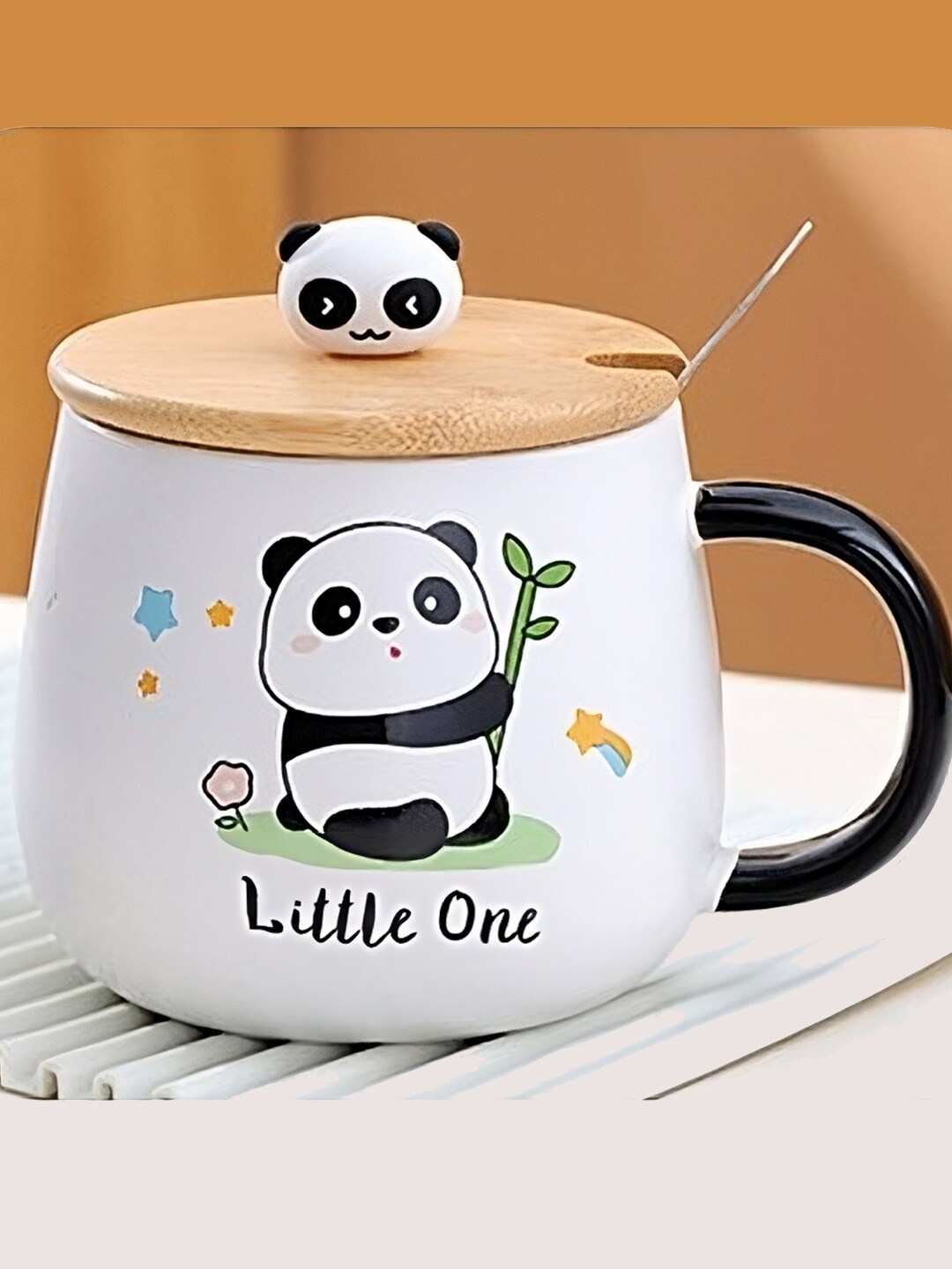 

BonZeaL White Printed Ceramic Glossy Mug With Lid And Spoon 430 ml