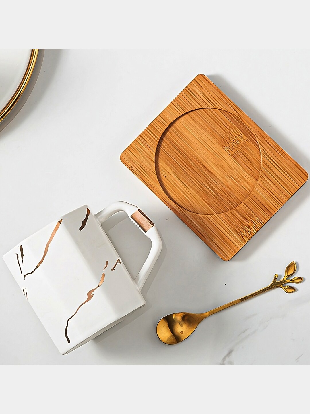 

BonZeaL White & Gold-Toned Printed Ceramic Coffee Mug With Saucer & Spoon 300 ml
